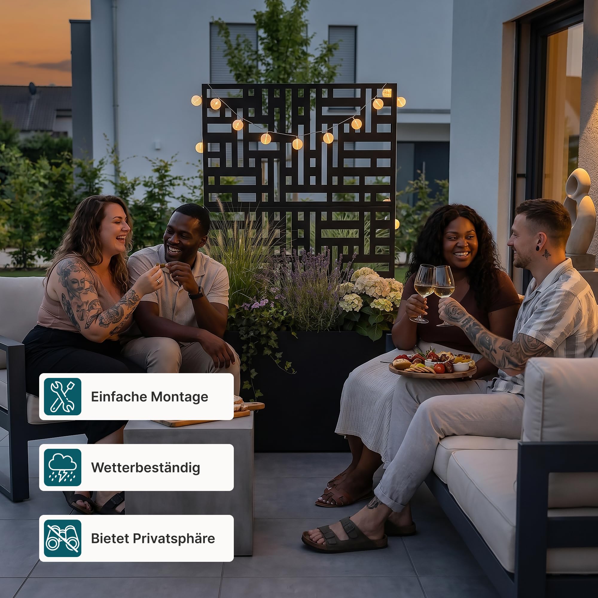 casa.pro Blumenkasten mit Sichtschutz Bernalda 146x83x31 cm Schwarz | Trennwand, Rankgitter, Metall, für Balkon, Terrasse, Pflanzkübel hoch, indoor, outdoor