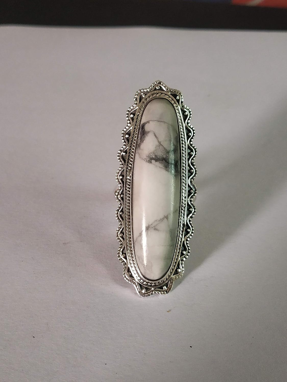 White Howlite Ring, Sterling Silver Ring, Antique Ring, Long Ring, Bohemian Ring, Turquoise Howlite Ring, Promise Ring, Buffalo Ring, Bridesmaids Gift, Healing Crystal, Gypsy Ring, Vintage Style