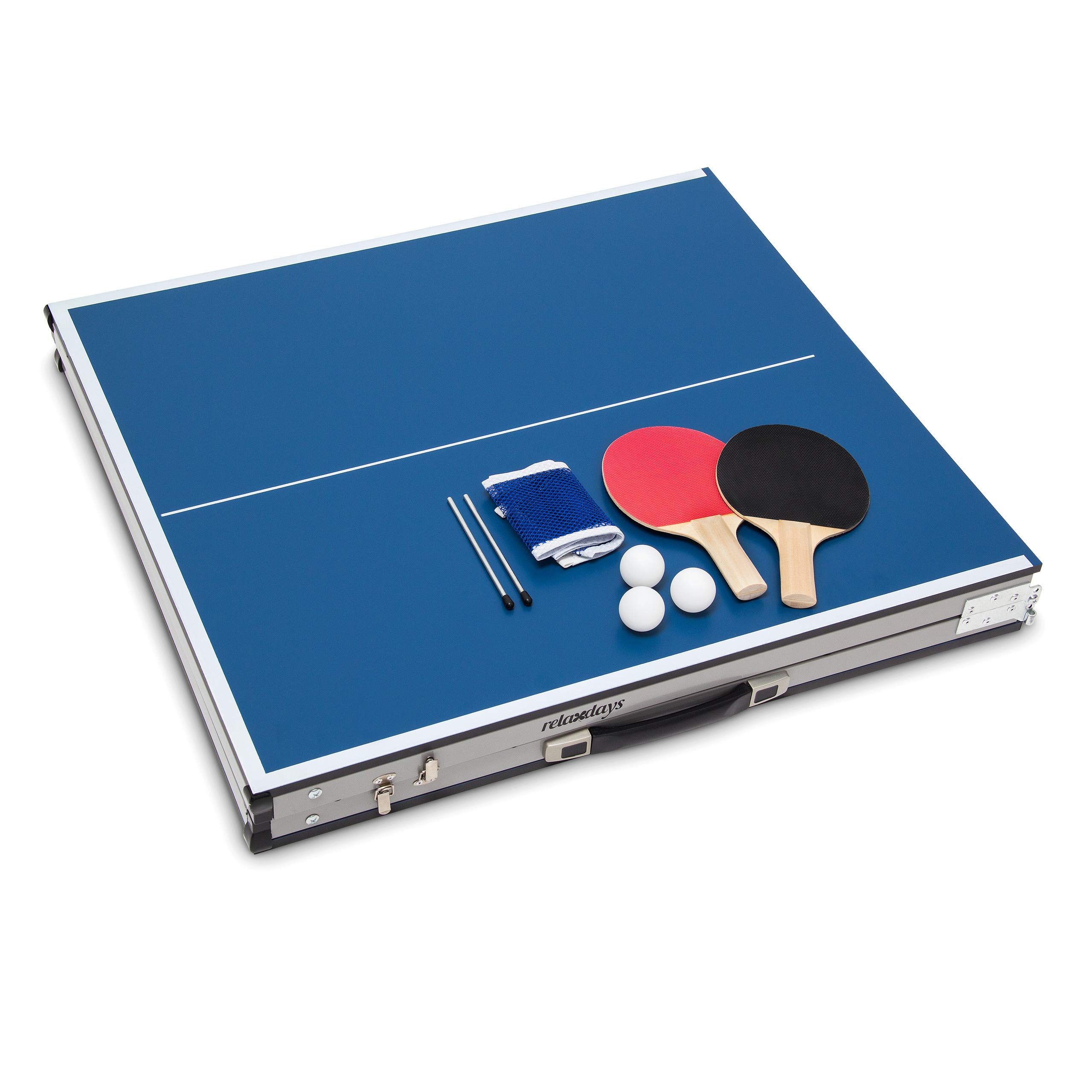 Relaxdays Table de ping-pong midi de table, table pliante pour intérieur et extérieur, balle et palettes incluses, 150 x 67 x 71 cm 10019102 Bleu/Argenté/Noir