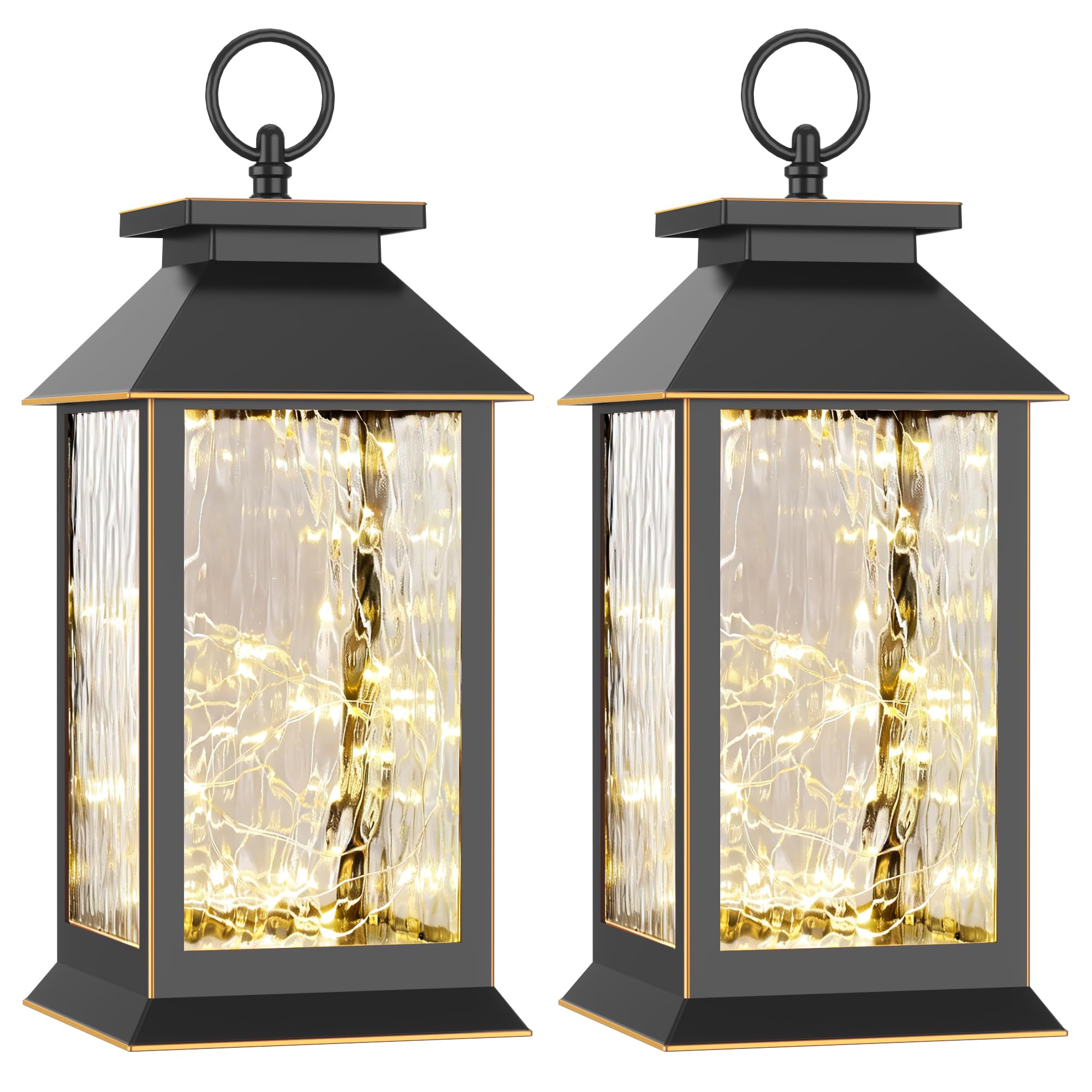 Photo 1 of 2 Pack Farmhouse Solar Lanterns , Water Ripple Glass & Copper Wire Flickering Light,Outdoor Waterproof Upgraded Solar and 2 AA Batteries Powered, for Outside Porch, Patio and Indoor Tables.