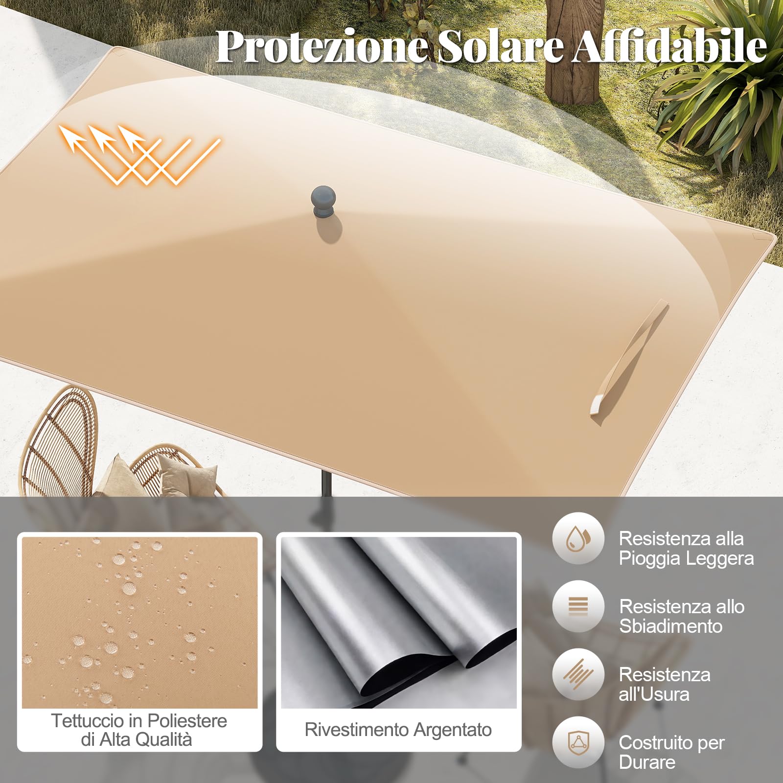 COSTWAY Ombrellone da Balcone 213 x 140 cm, Inclinazione Regolabile, Anti-UV, con Borsa da Trasporto, per Giardino, Terrazzo, Spiaggia (Beige)