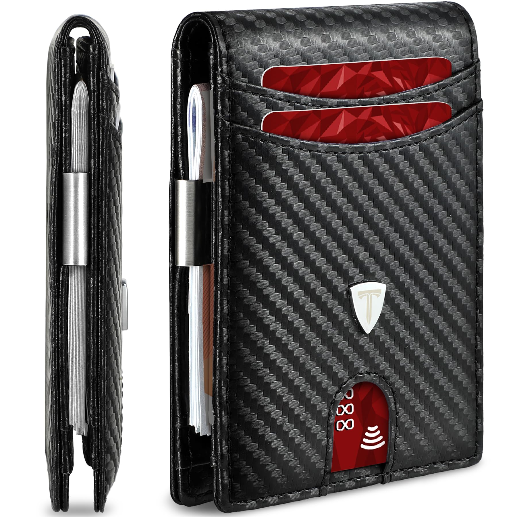 TomylvMens Wallets Slim RFID Blocking, Carbon Fiber Leather Wallet with 12 Credit Card Holder, Strong Money Clip & ID Window Minimalist Bi-Fold Wallets for Men UK with Gift Box (Black)