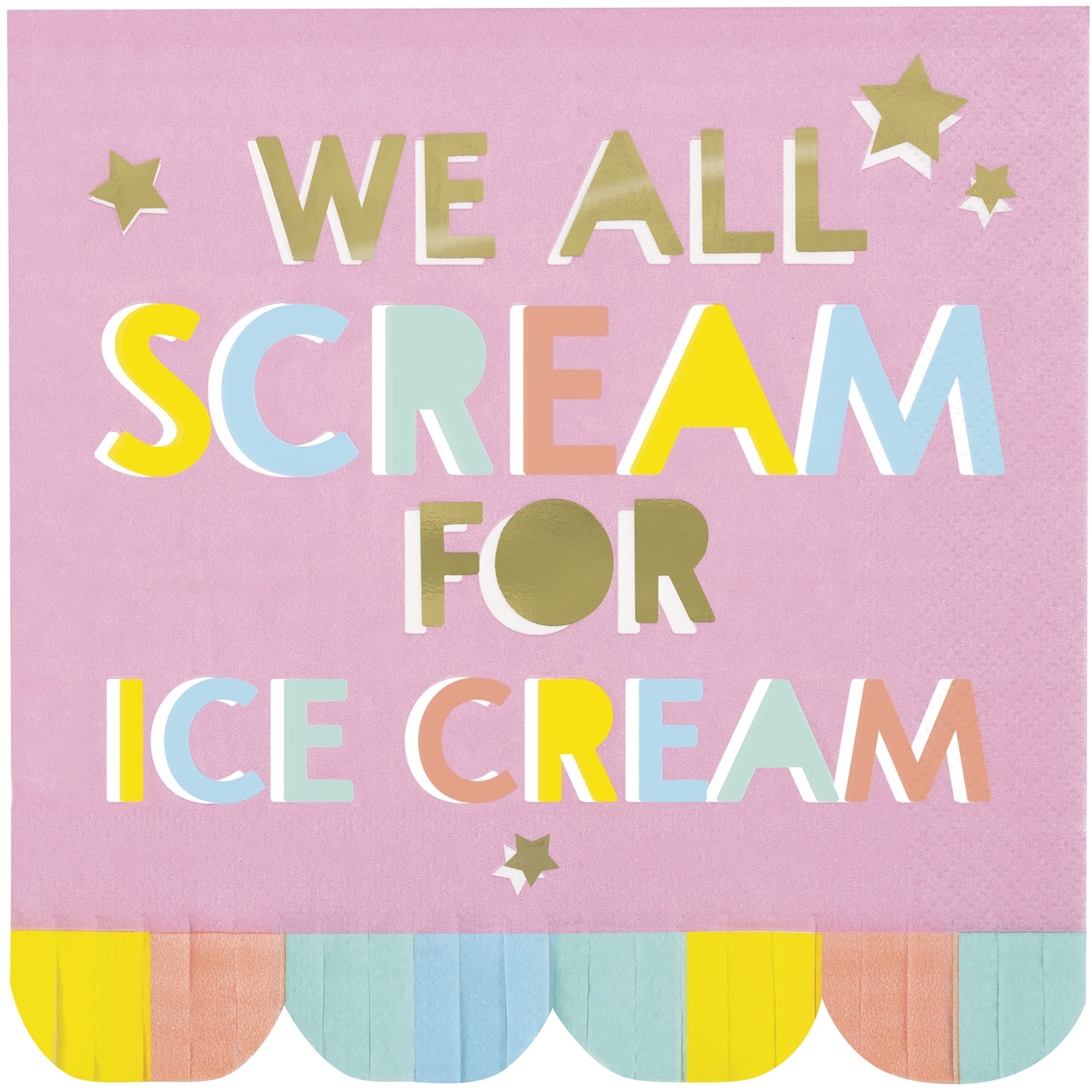 We All Scream For Ice Cream' Foil Stamped Pastel Paper Luncheon Napkins (Pack Of 16) | Charming Fringe Design, Perfect For Birthdays, Baby Shower, Summer Events, Garden Parties, & More