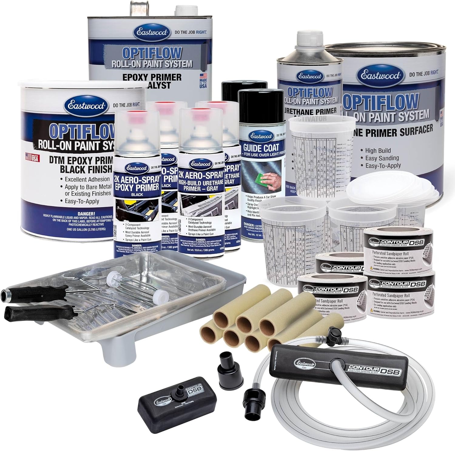 Eastwood OptiFlow Roll-On Ultimate Epoxy and Urethane Primer Paint with DSB Dustless Block Sanding Kit | Black