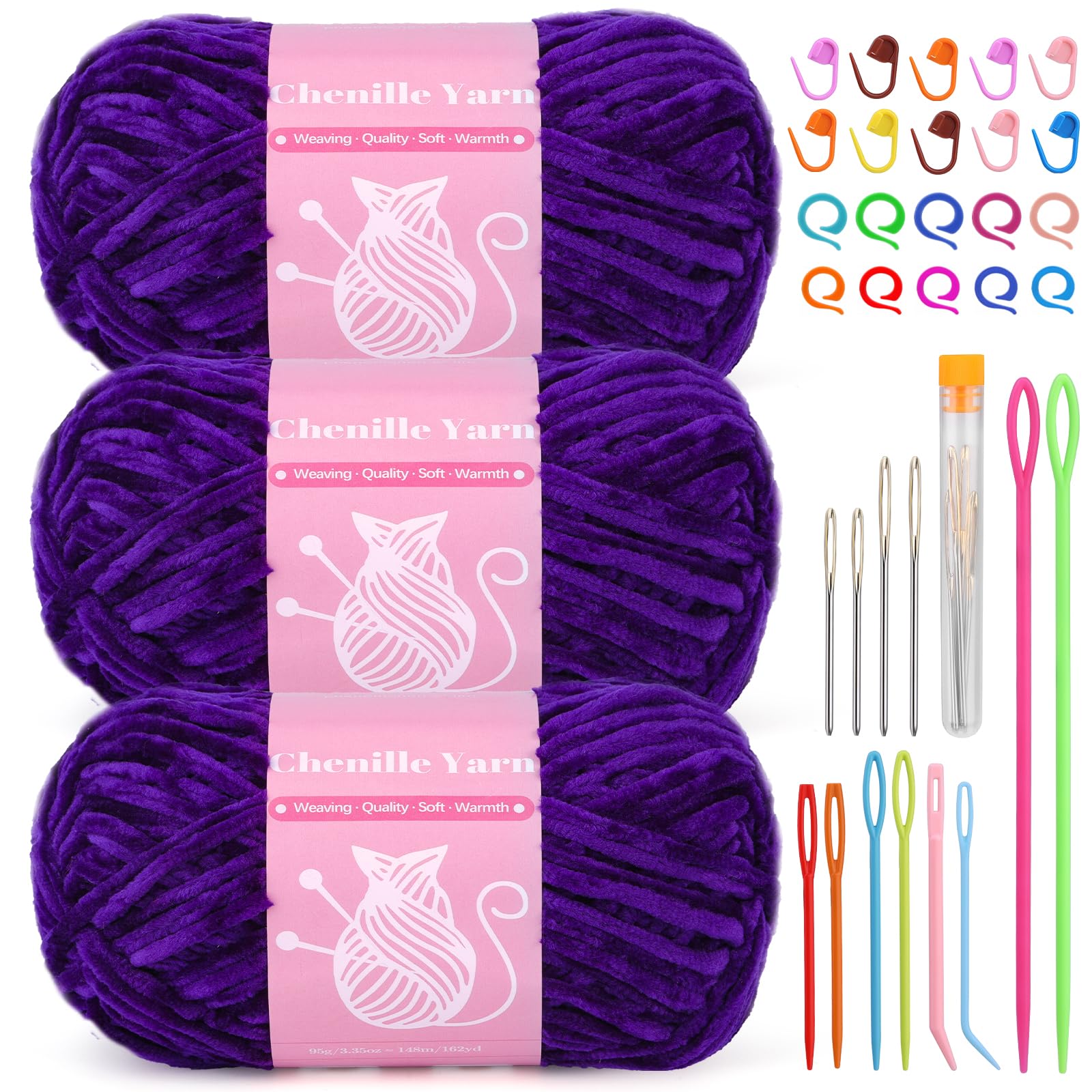 LUNARM Chenille Yarn for Crochet Knitting Chunky Blanket Velvet Yarn | 3 Pack 3.5oz/100g 486 Yard Purple Chenille Yarn for Beginners Knitting Scarves with Big Eye Needles Machine Washable