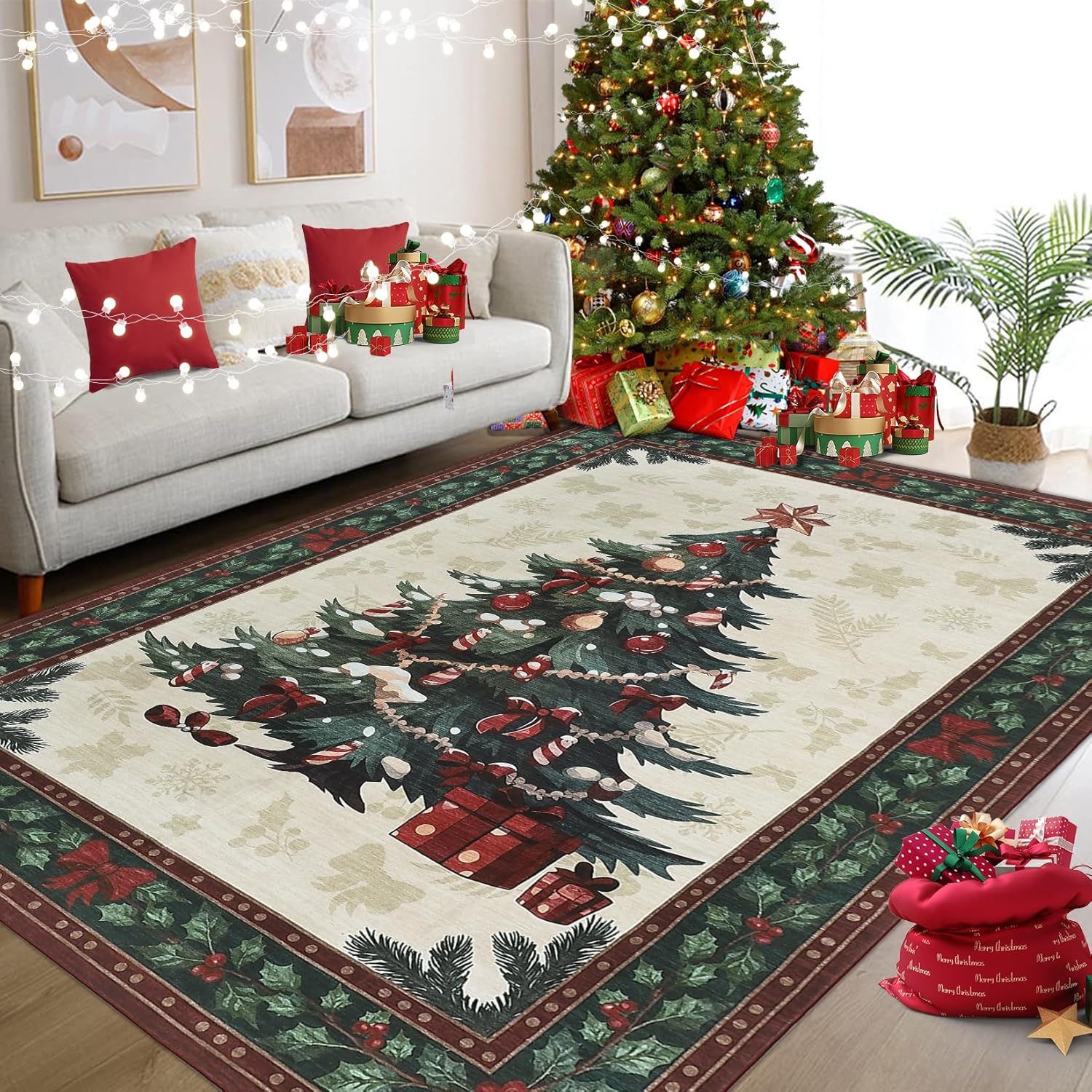 GarveeHome Christmas Tree Area Rugs 4x6 Non Slip,Door Mat,Washable Christmas Indoor Rug for Entryway Living Room Kitchen Bathroom Floor, Stain Resistant Kitcheng Holiday Decor Untra-Thin Carpet