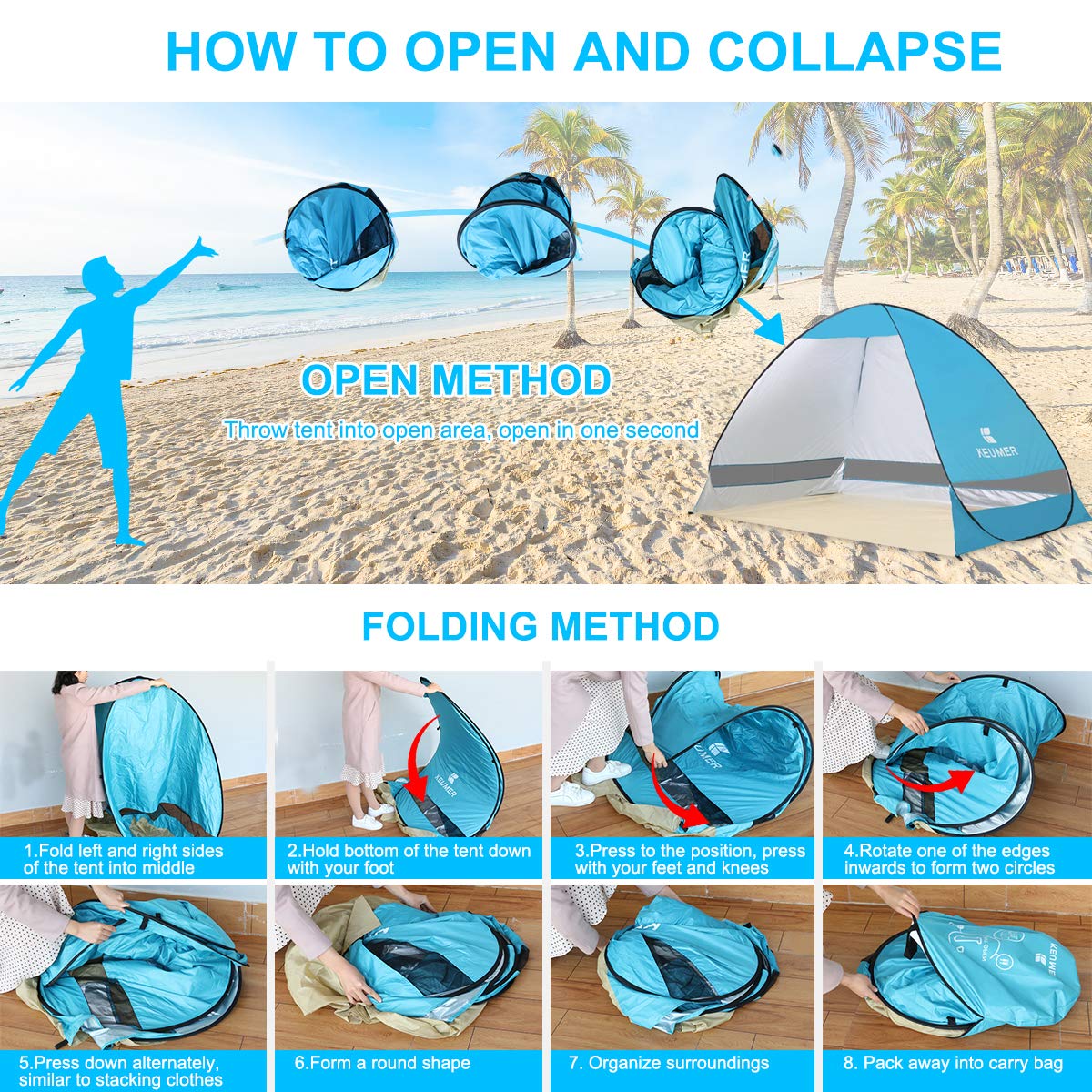 E-More Strandmuschel, Pop up Strandzelt Shelter fr 2-3 Personen Portable  Beach Zelt, Outdoor Tragbar Wurfzelt UV-Schutz, Strand Muschel Zelt fr  Familie trand Garten Camping : Amazon.de: Sport & Freizeit
