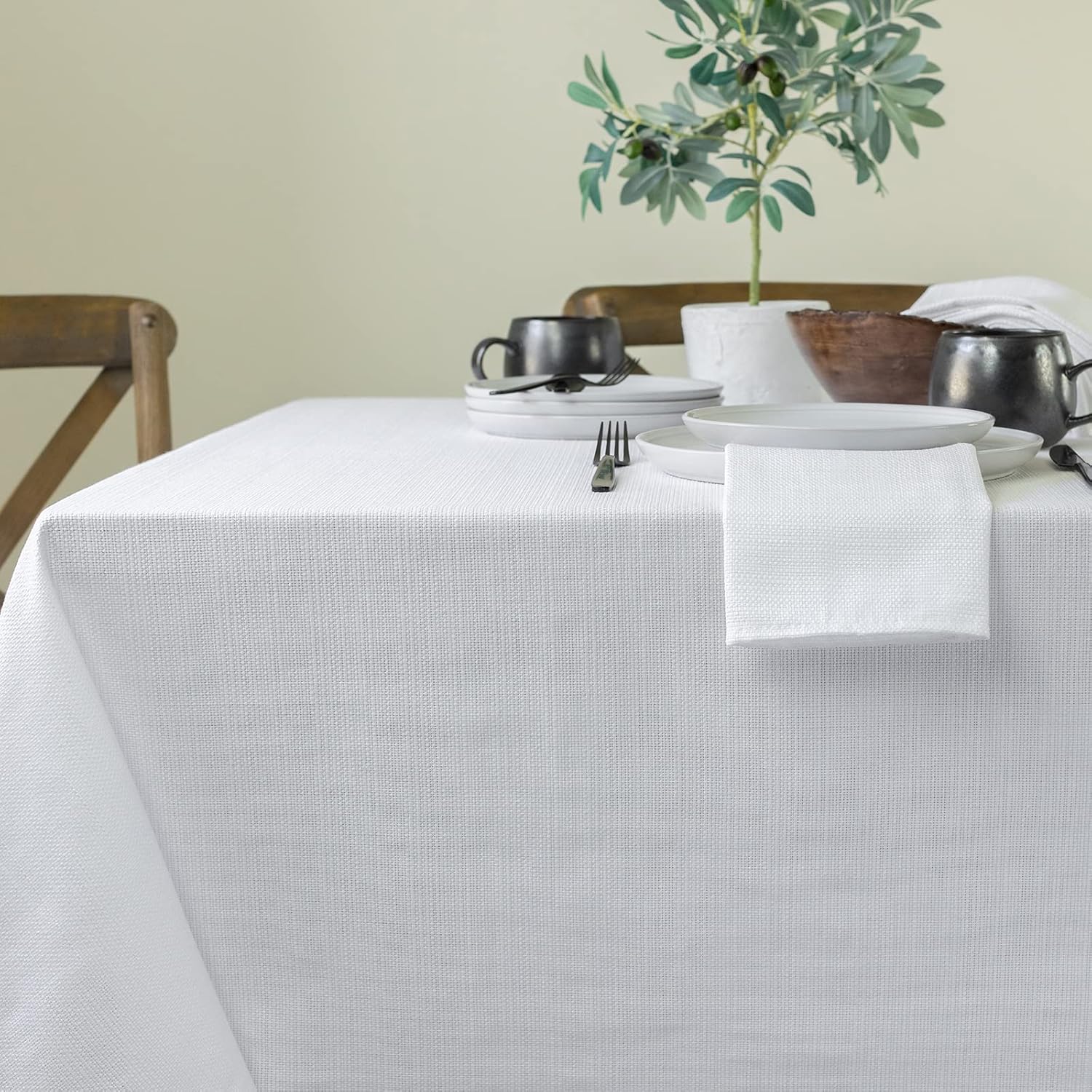 Benson Mills Cameron Textured Fabric Table Cloth, for Everyday Home Dining, Parties, Weddings & Holiday Tablecloths (60" x 140" Rectangular, White)