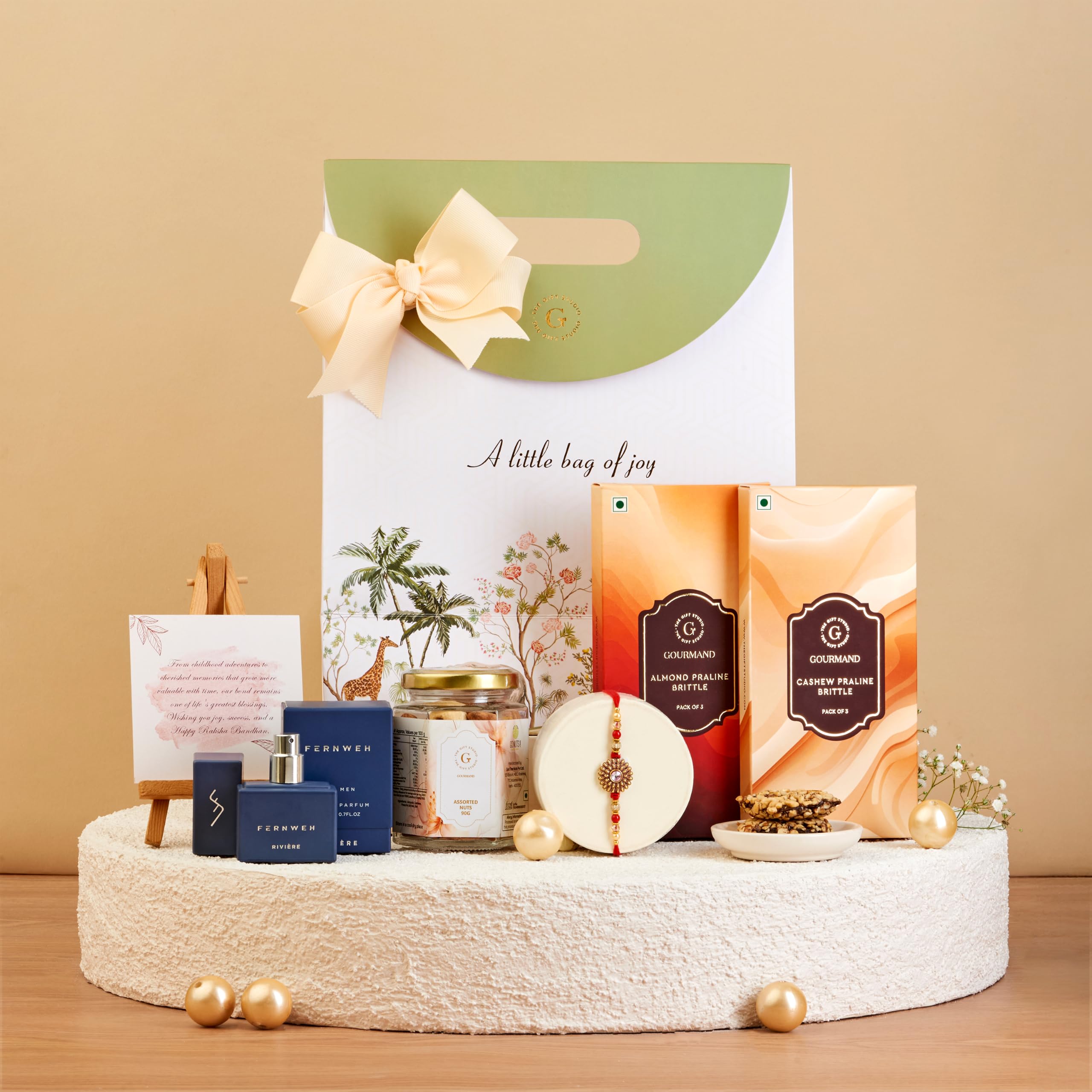 THE GIFT STUDIO.COM | Rakhi Snack Hamper for Brother | Golden Flower Rakhi, Premium Perfume, Gourmet Snacks & Designer Gift Bag | Raksha Bandhan Gift-image-40