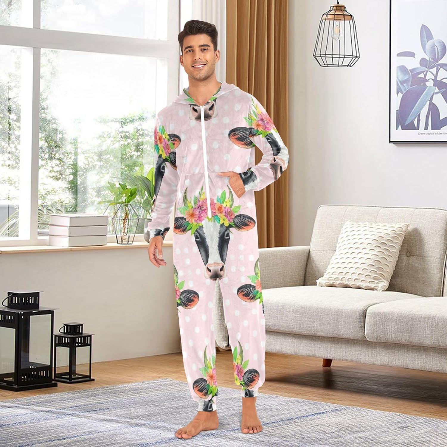 GAIREG Cartoon Cow Floral Pink Adult Womens Onesie, Warm Unisex Adult House Wear