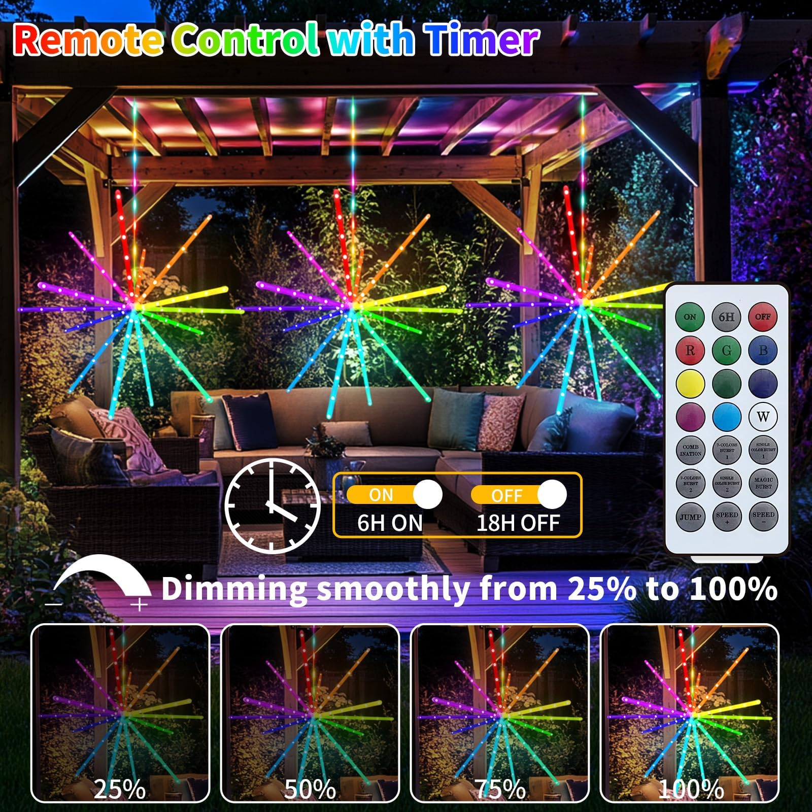 2500mAh RGB Luci solari da giardino per esterni 3 Stücke Farbwechsel Fuochi d'artificio da Giardino Esterno mit Wasserdichte Teleaufladbare Timer Hangende luci solari per fuochi d'artificio für Gazebo