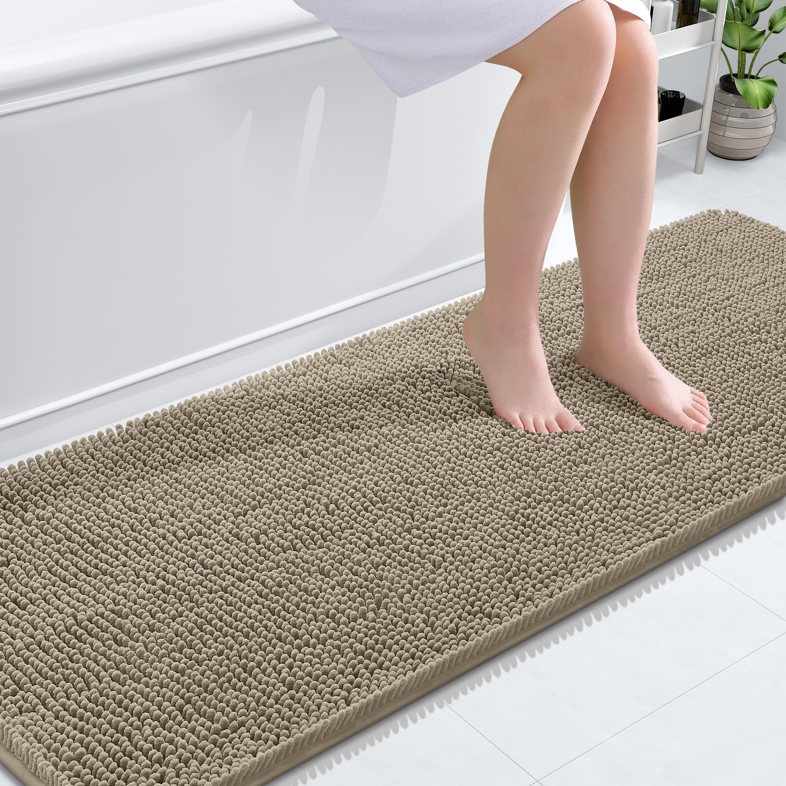 OLANLY Bathroom Runner Rugs 70x24, Extra Soft Absorbent Chenille Bath Rugs | Warm Taupe, Quick-Drying Rubber Backing, Washable Long Bath Mat for Bathroom Floor, Tub and Shower, Home Decor Accessories