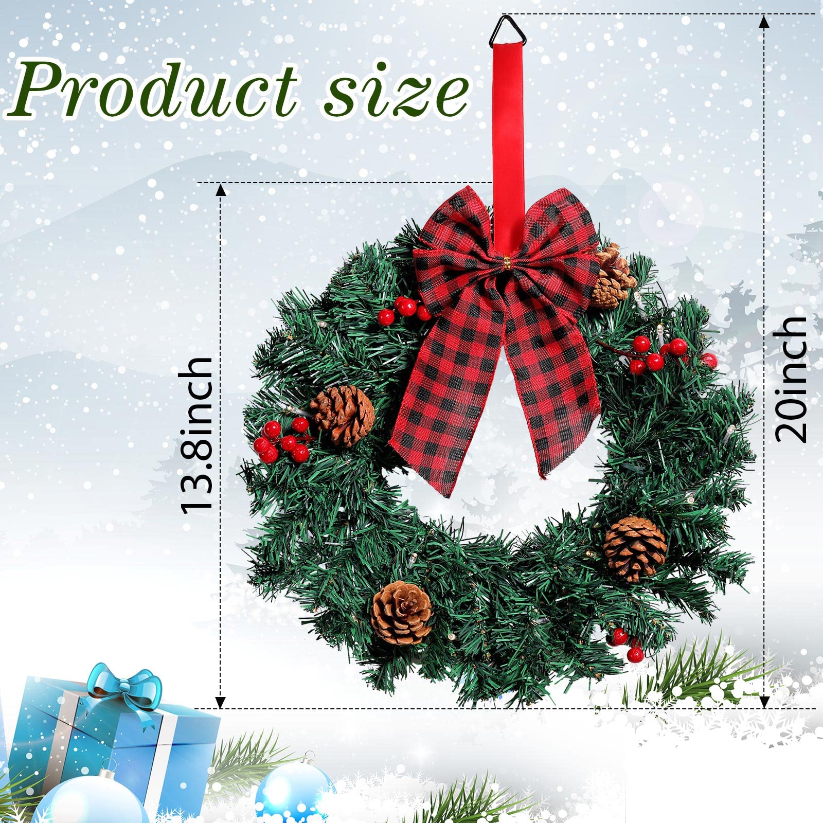 Geosar 3 Pcs Lighted Christmas Wreath, 13.8 Inch LED Christmas Wreaths with Buffalo Check Bow Pine Cone Berry, Small Lighted Xmas Window Wreaths for Front Door Wall Christmas Party Decor(Null)