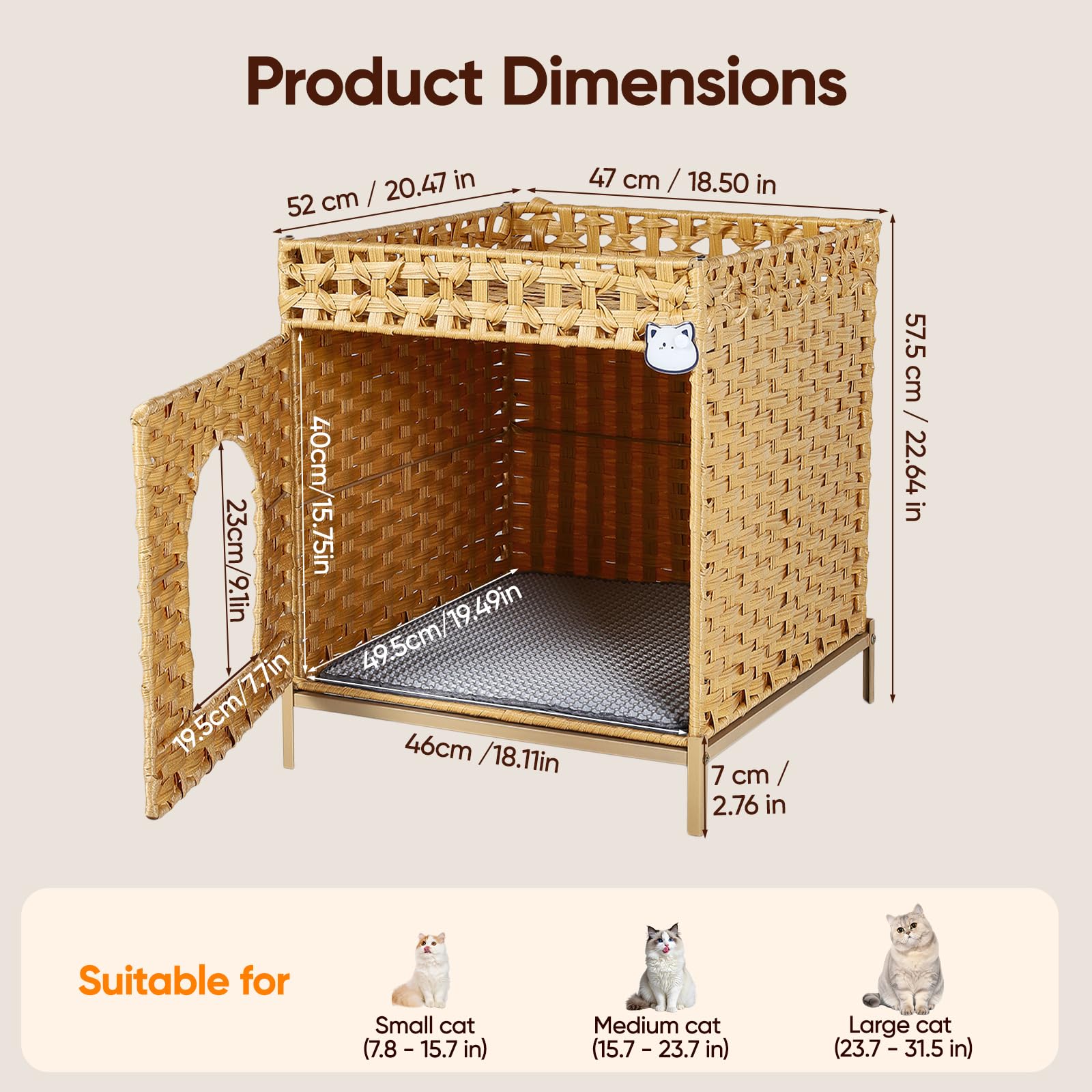 Caja De Arena para Gatos, Casa para Gatos Tejida A Mano En PE RattáN con Alfombra Y Ganchos S, Mueble De Caja De Arena Oculta para Sala, Dormitorio Y BalcóN, 47X52X59 Cm, Natural