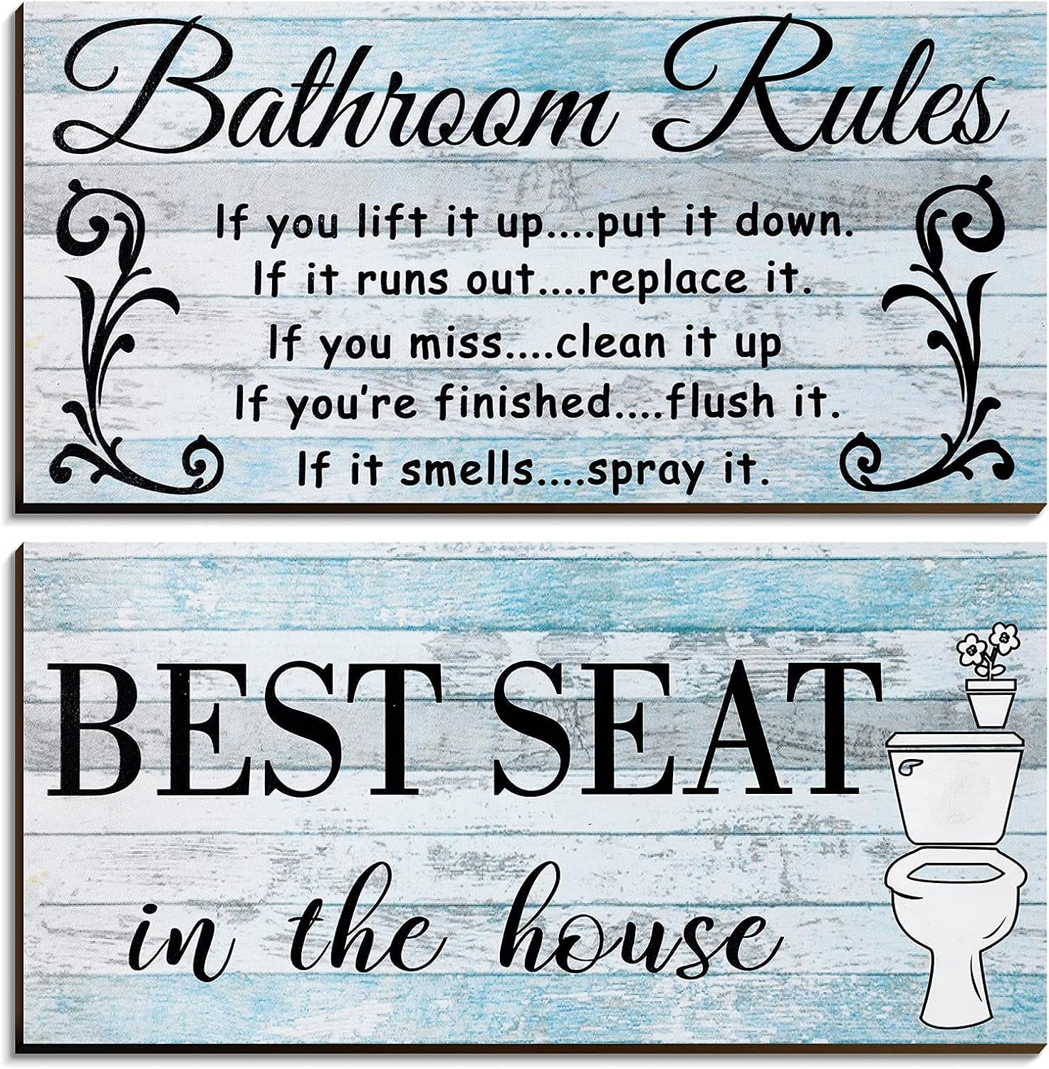 Jetec 2 Pieces Funny Bathroom Pictures Wall Sign Decor Farmhouse Bathroom Rule Wall Art Toilet Rustic Decoration Best Seat Wooden Sign(Fresh Style)