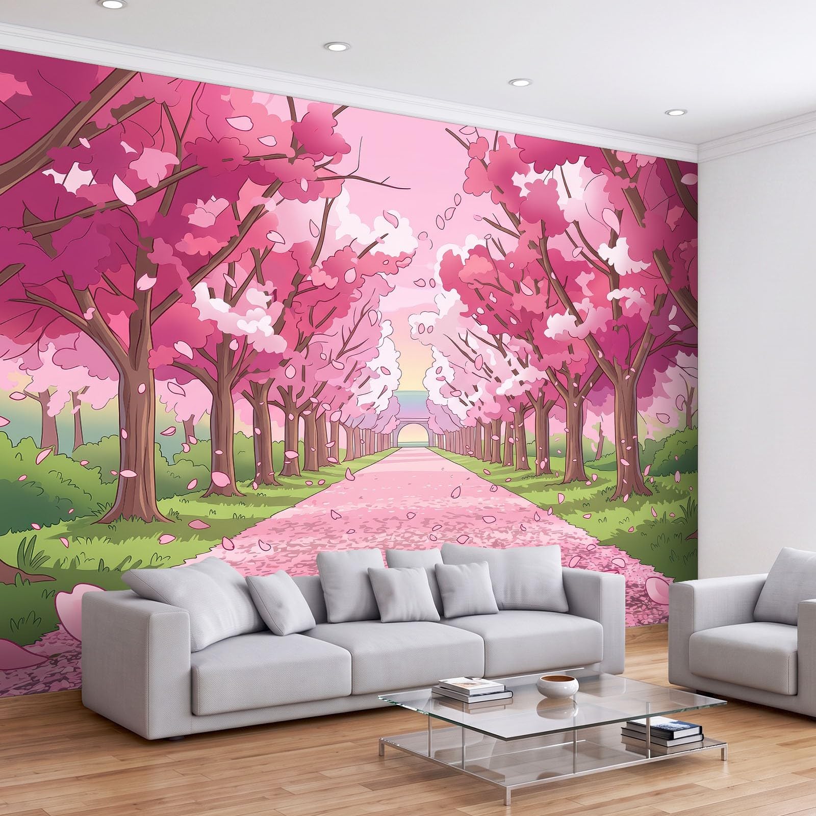 Panoramiczna tapeta z włókniny 300 x 210 cm animowany krajobraz, pokój dziewczęcy różowa aleja kwiaty wiśni fototapeta, do salonu dekoracja ścienna do pokoju dziecięcego