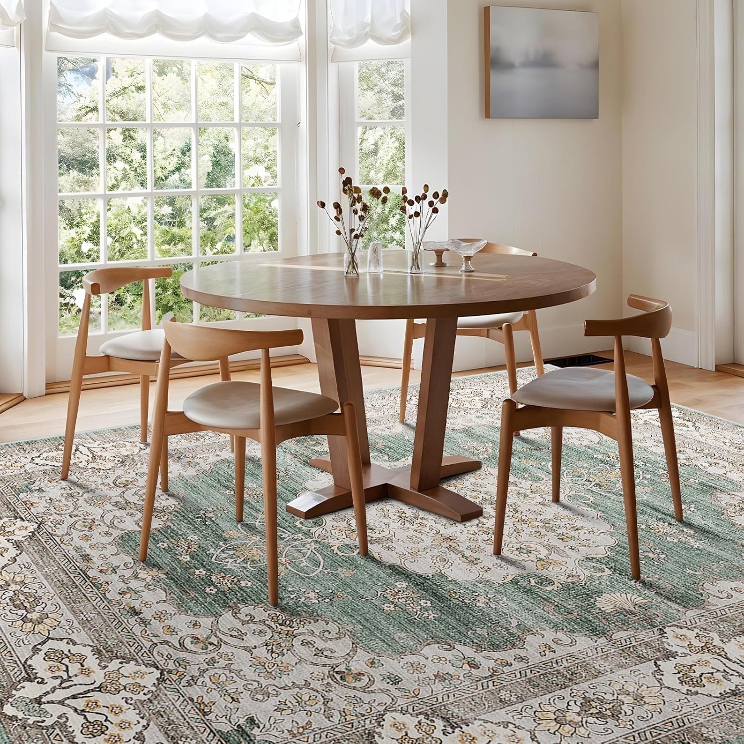 Washable 10x14 Area Rug - Large Rug for Living Room Stain Resistant Low Pile Carpet Vintage Oriental Rug for Bedroom with Non Slip Backing Home Decor Floor Decor Mat (10x14 Green/Beige) Green/Beige 10' x 14' (Rectangular)