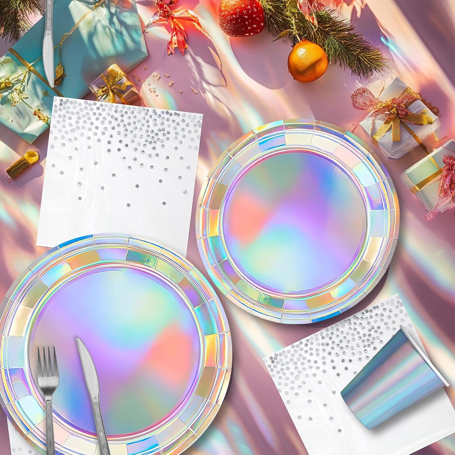 Iridescent Party Decorations, Pink Iridescent Birthday Decorations, Paper Plate, Napkin, Cup, Tablecloth, Banner, Holographic Metallic Mermaid Theme Birthday Party Supplies, Serves 24 - Image 7