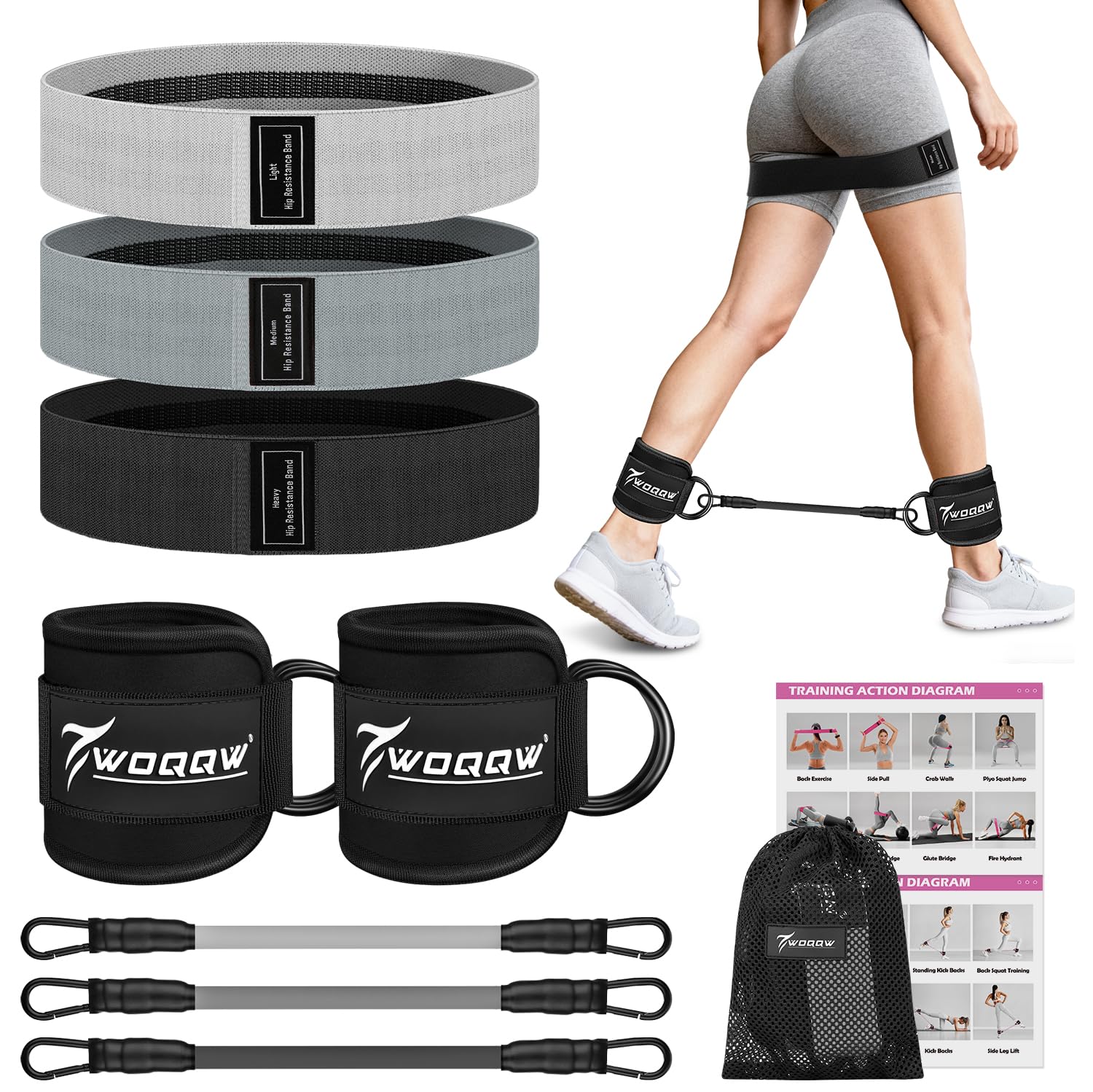 WOQQW Resistance Bands Set for Women - Exercise Bands With Ankle Straps for Legs & Glute Workout, Fabric Booty Bands, Home Gym Fitness Equipment for Hip, Pilates, Yoga, Physical Therapy, Stretch