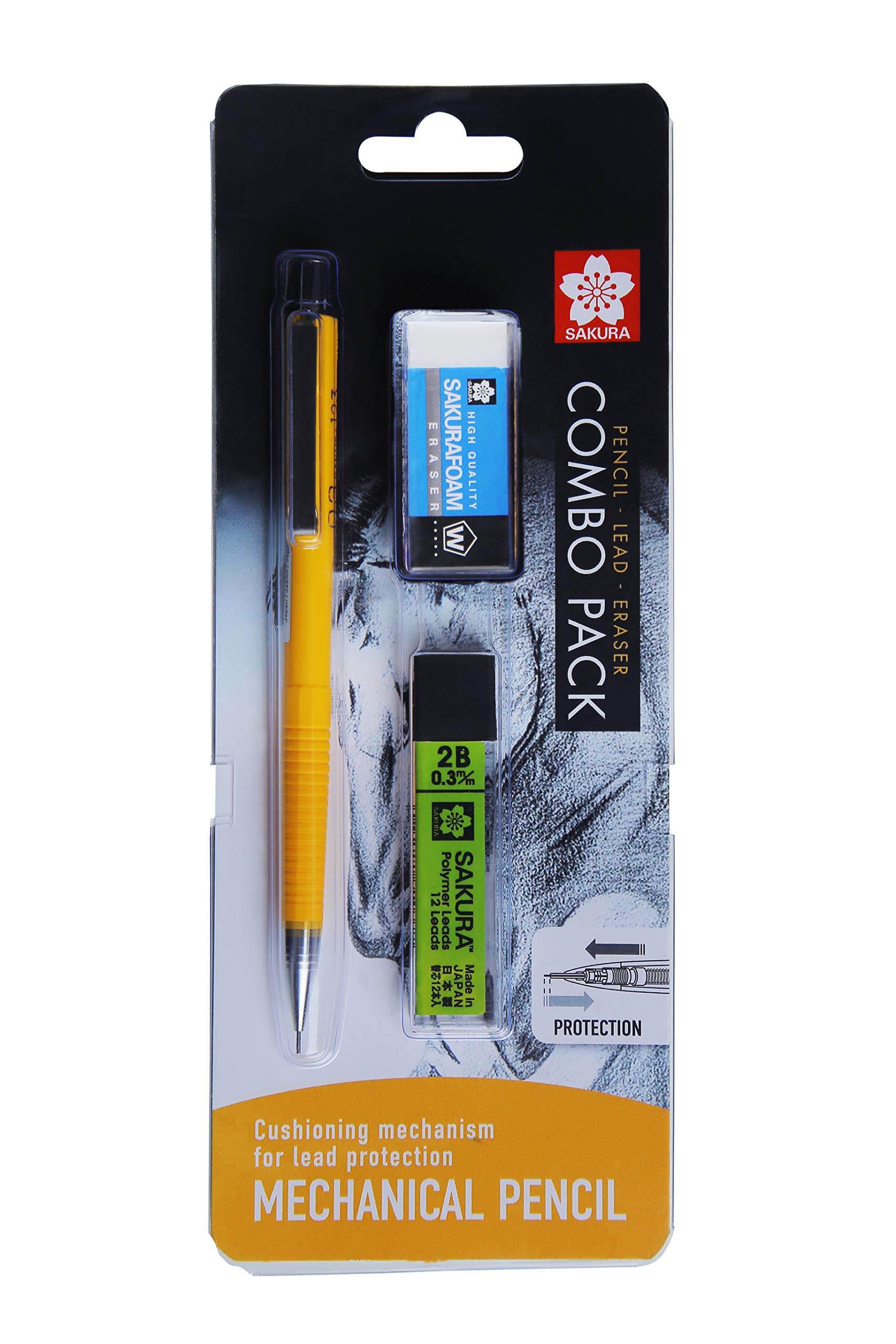SAKURA Cushioning Point Mechanical Pencil Starter Set With Lead Refill&Foam Eraser,(2B,0.3),Black