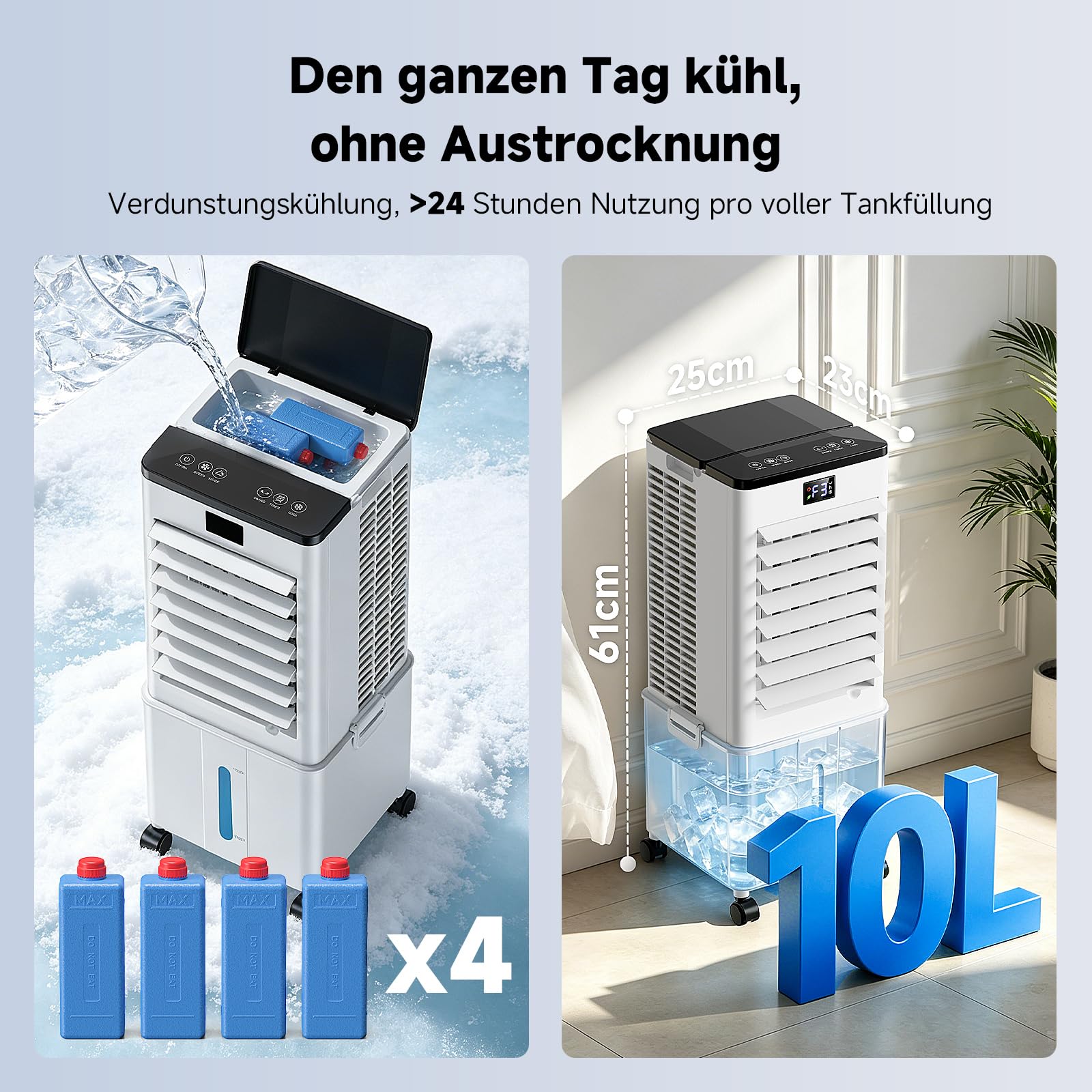 4-in-1 tragbares Klimagerät, Verdunstungsluftkühler mit 10L Wassertank, 4 Modi und 3 Geschwindigkeiten, 1-12h Timer mit Rollen, für Zuhause (Silberweiß)