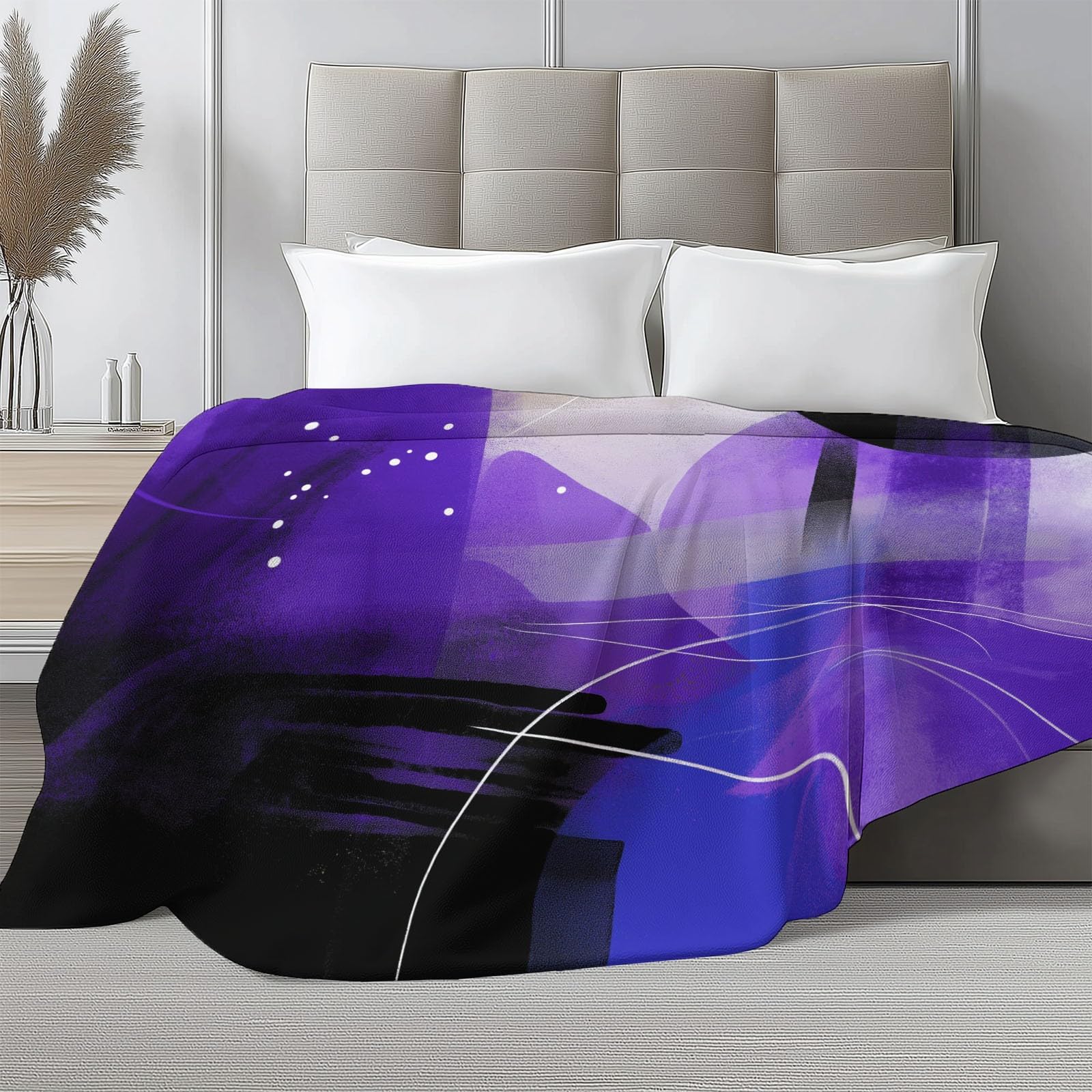 Koc flanelowy można prać w pralce 180 x 220 cm, miękki i ciepły, przytulny realizm lekki abstrakcyjny fioletowy i czarny koc dekoracyjny w paski geometria do łóżka sofy i pokoju dziecięcego