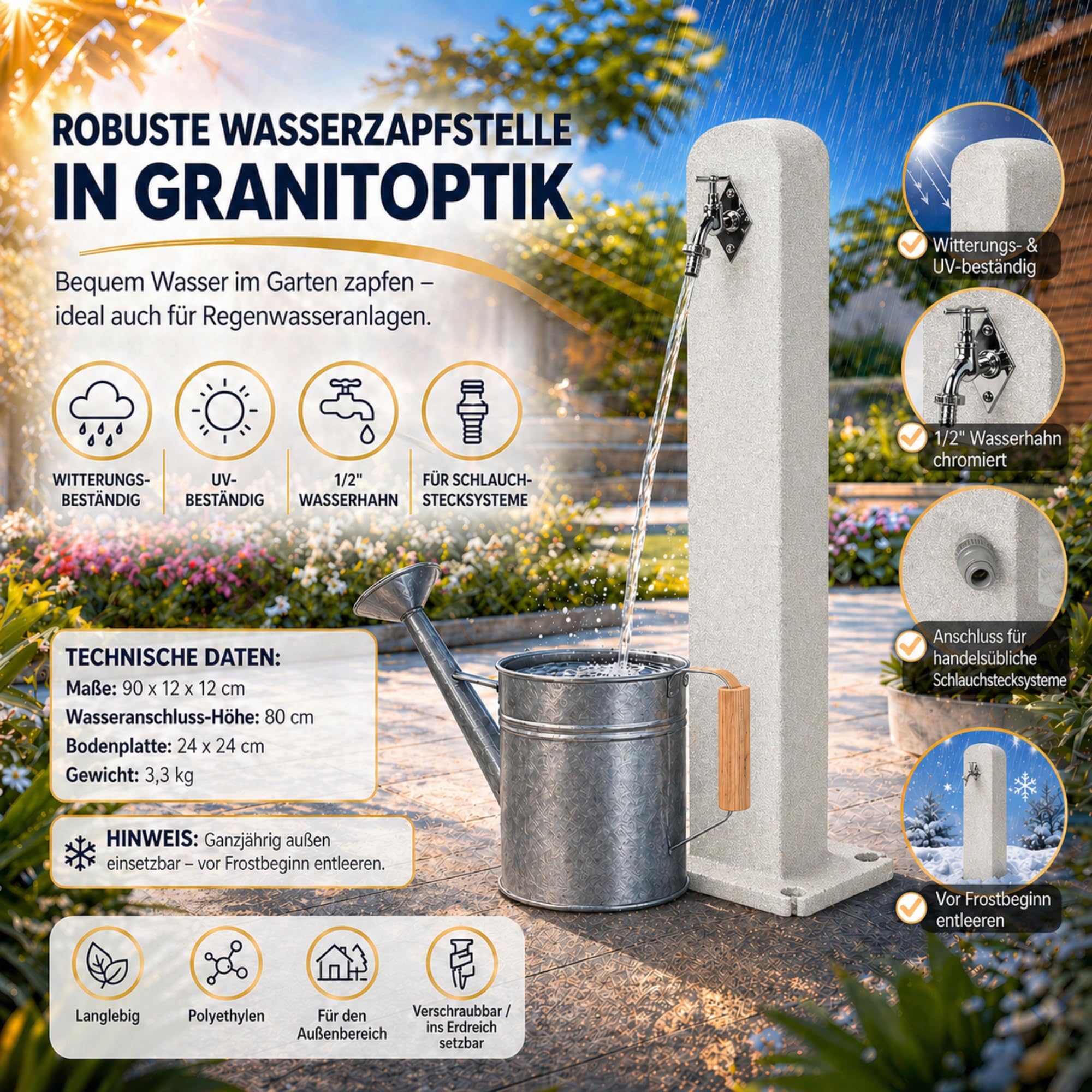 YourCasa Stoneflow Wassersäule Garten Granit-Optik | Wasserzapfsäule Poller mit Wasserhahn | 90 cm Standbrunnen Zapfstelle Außenbereich | Witterungsbeständig Frostsicher UV-stabil (Sandstein)