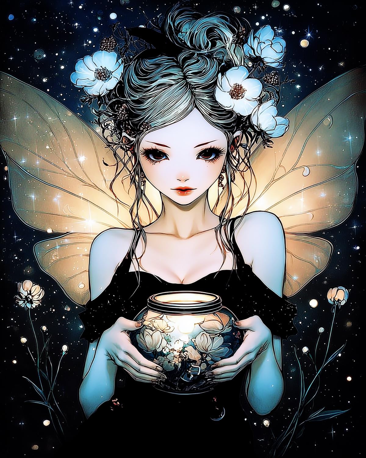 Liubaishi Black Paint By Numbers For Adults, Starlight Flower Spirit Fairy, 40X50 Cm Canvas With Acrylic Paints And Brushes