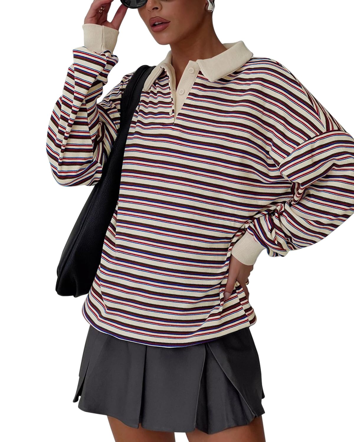 REORIA Oversized Sweatshirt for Women Trendy Fall Fashion 2024 Y2k Striped Long Sleeve Pullover Rugby Shirt Tops Clothes