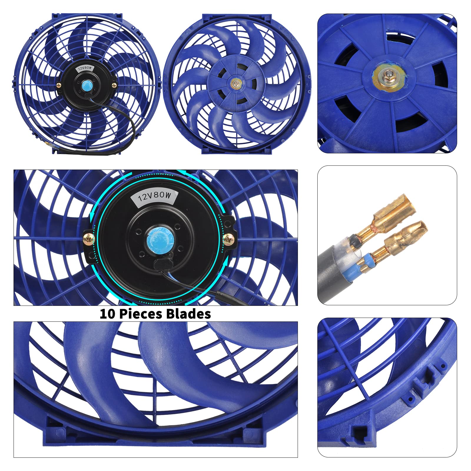 Radiador eléctrico universal Slim Fan Push Pull de 12 V 80 W de alto rendimiento, kit de montaje, color azul, 2 unidades