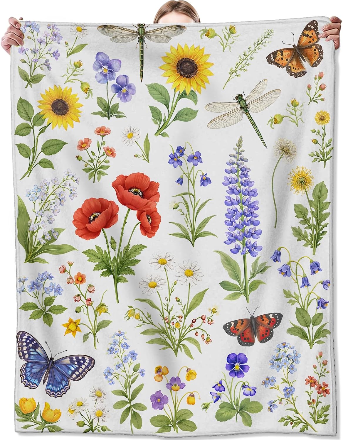 Floral Dragonfly Flannel Blanket, Soft Cozy Throw with Flower Butterfly, Lightweight Blankets for All Seasons, Vintage Garden Botanical Home Sofa Bed Decor and Gifts for Women Girls, 50x60 Inch