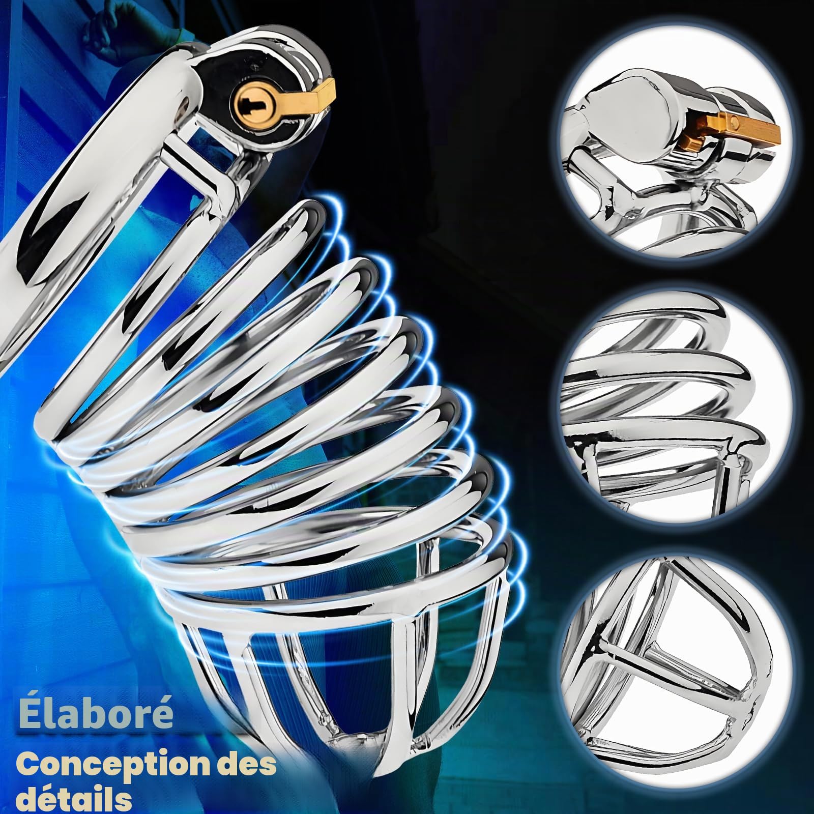 Cage Chastetée en Métal avec Serrure Cachée et 2 Clés Sex Toýs Homme Ceintures de Chasteté Évidée pour le Bondage du Pénis de l'Homme (3 Rings)