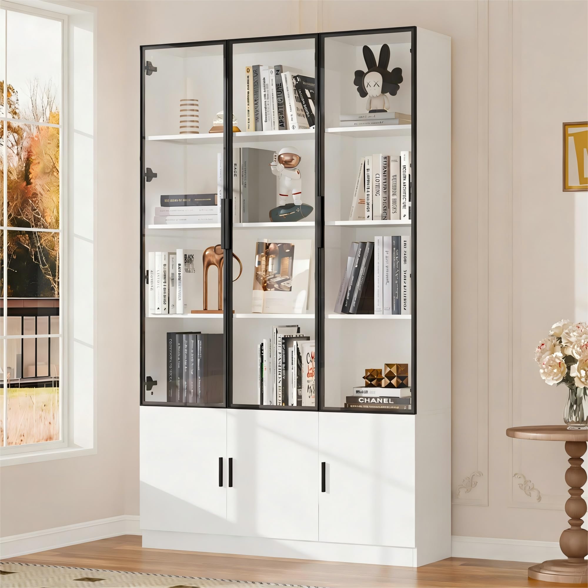 SACOOL Vetrina da 120 x 32 x 200 cm, con 6 ante per armadi, in vetro con LED, 120 cm di larghezza, armadietto multifunzione, grande armadio, bianco