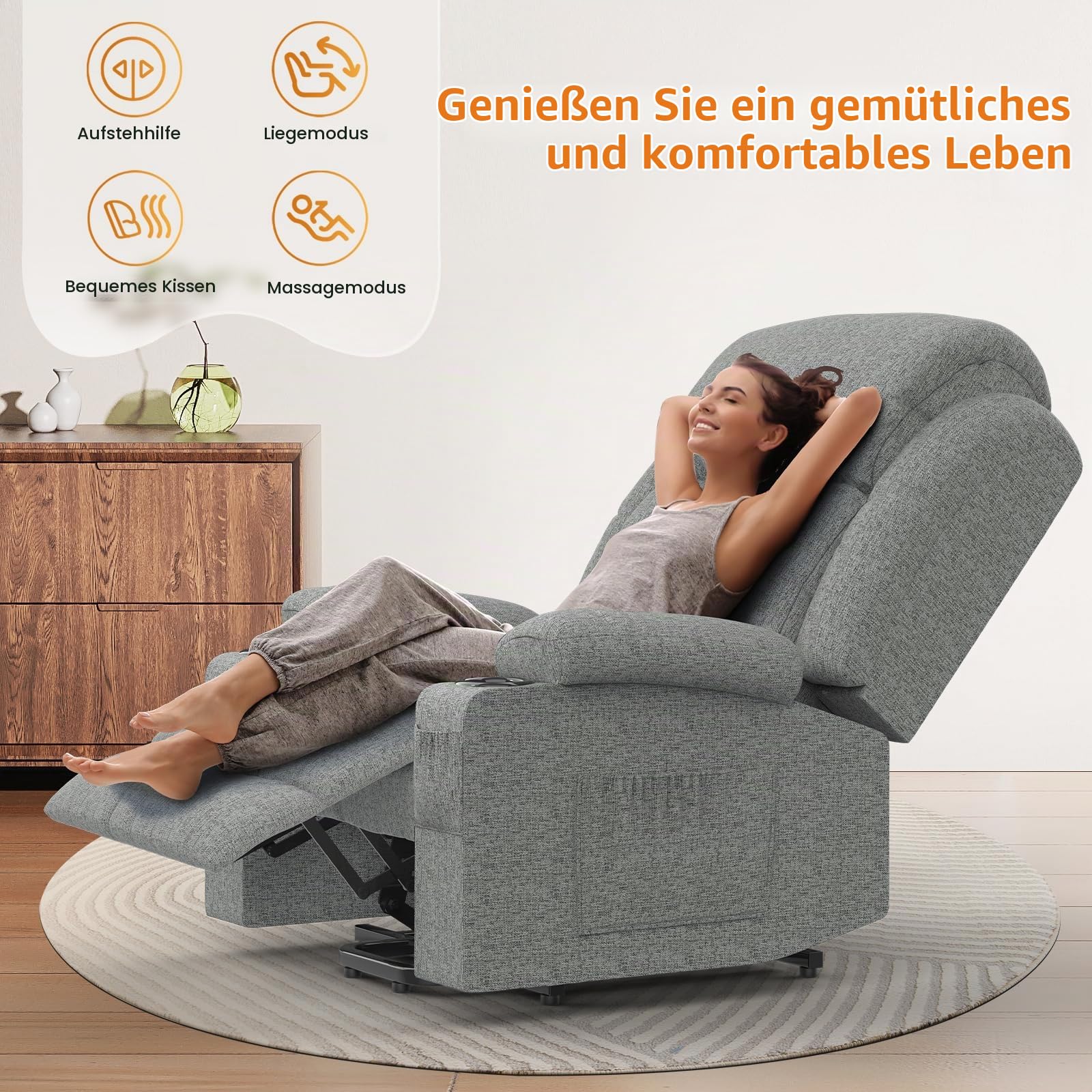 Fernsehsessel Elektrisch Verstellbar, Aufstehhilfe Massagesessel mit Massage Wärmefunktion Seniorensessel für Senioren, 2 Seitentaschen und Getränkehalter,USB+ Typ-C Anschluss