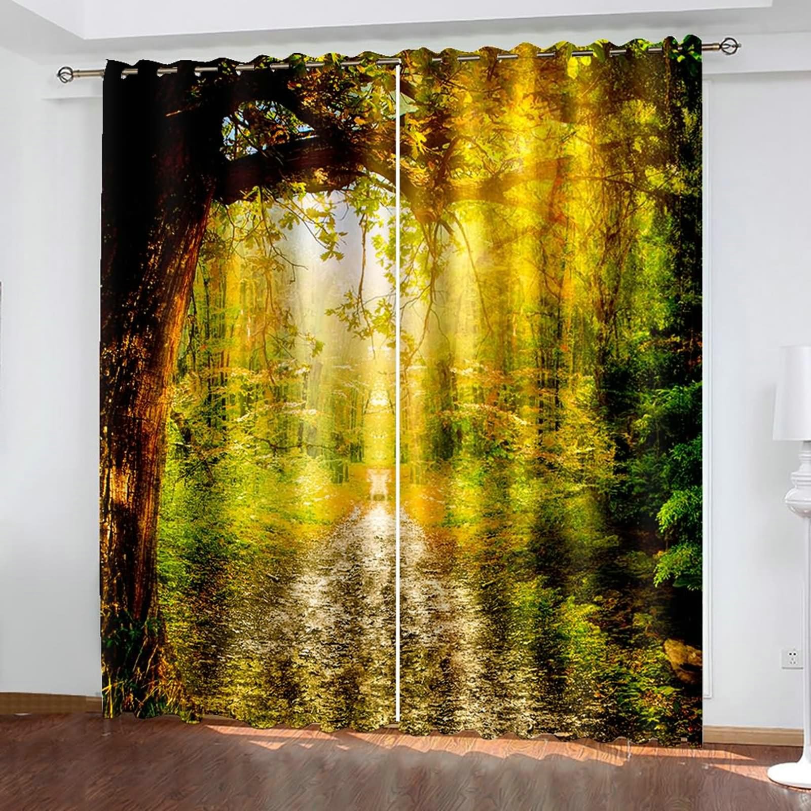 Zasłony nieprzejrzyste, zestaw 2 sztuk, zasłony termiczne, leśna ścieżka, krajobraz, wys. 160 x szer. 102 cm, zaciemniające, do salonu