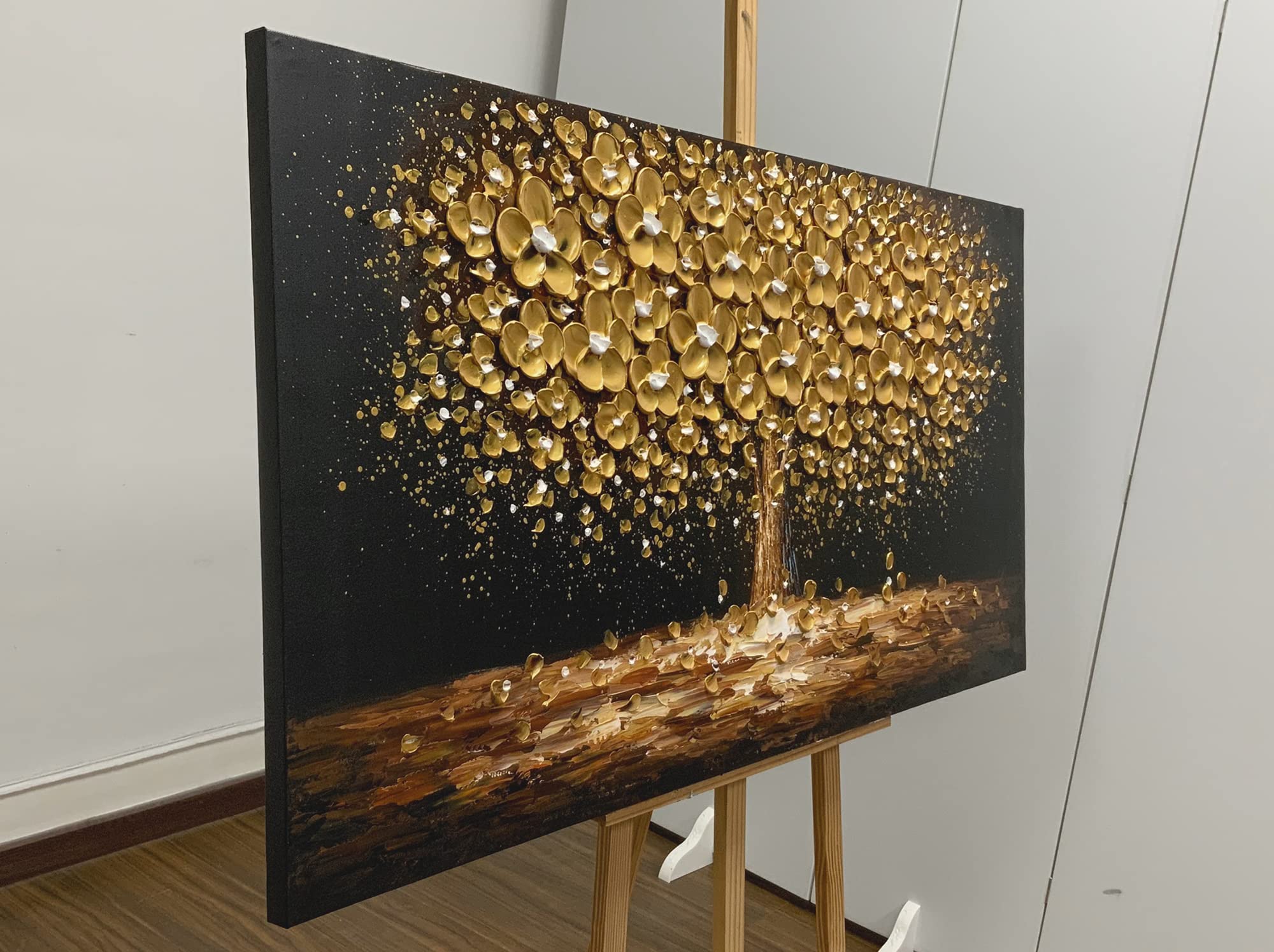 Art8YuQi Paintings - Contemporary Abstract Art Oil Painting On Canvas Texture 3D Golden Tree Gary Painting Handmade Artwork Picture Canvas Wall Art Modern Home Decor living room Ready to Hang