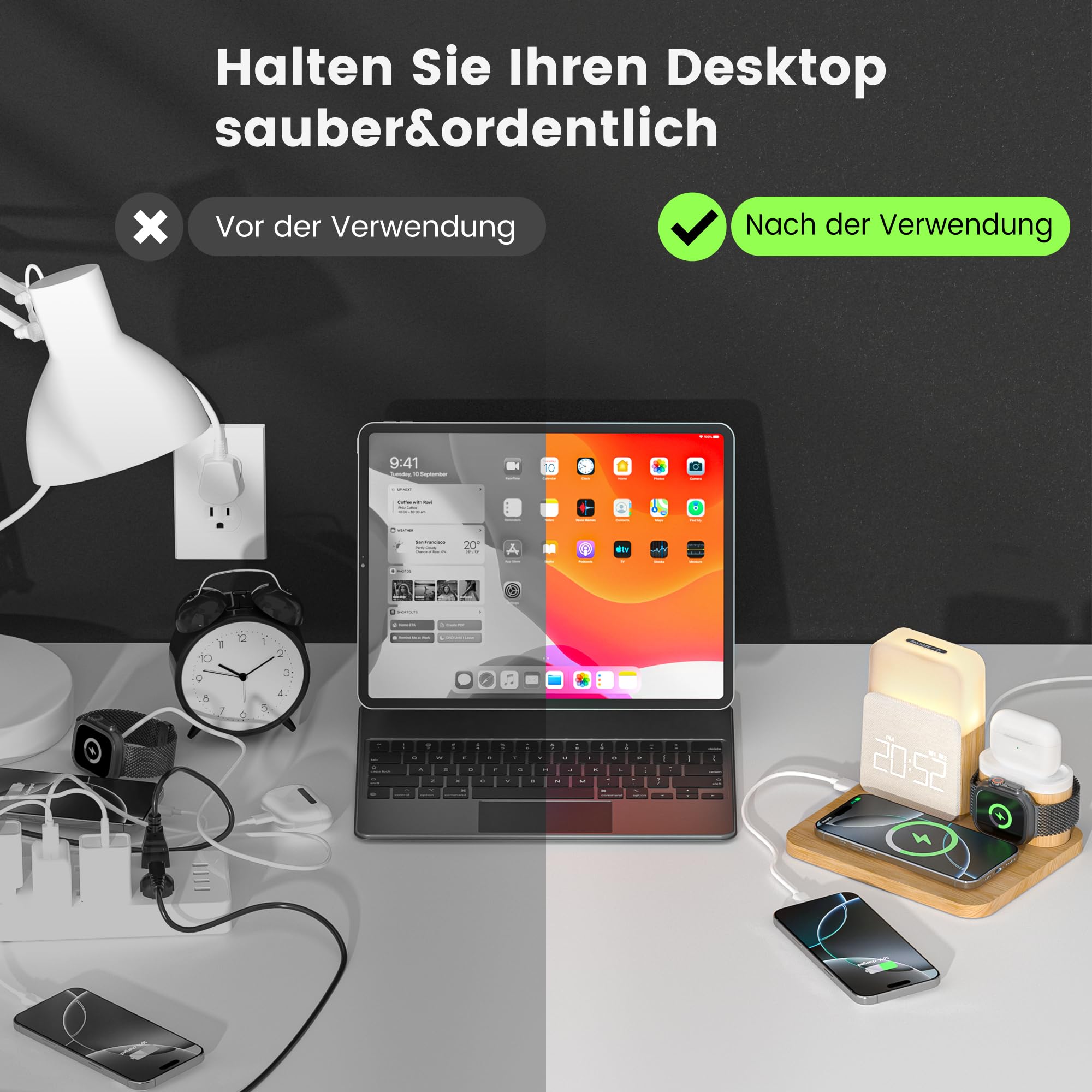 COLSUR 5 in 1 Ladestation für Apple mit Nachttischlampe und Wecker