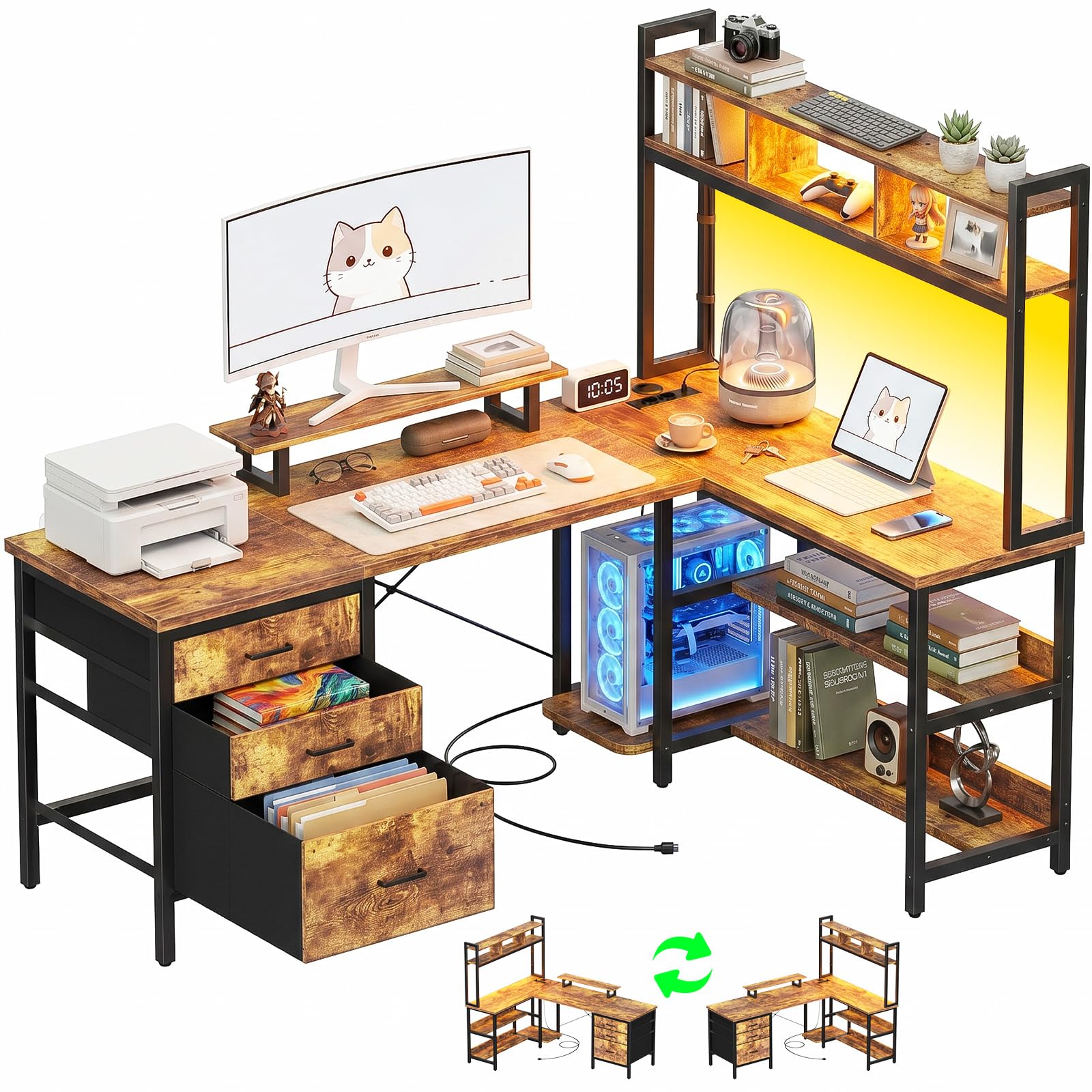 Homieasy Scrivania Gaming 150cm a L LED, Prese, Cassetti, Marrone Rustico | USB &Type-C, Libreria, Supporto Monitor, Reversibile, Salvaspazio, Struttura in Metallo e MDF