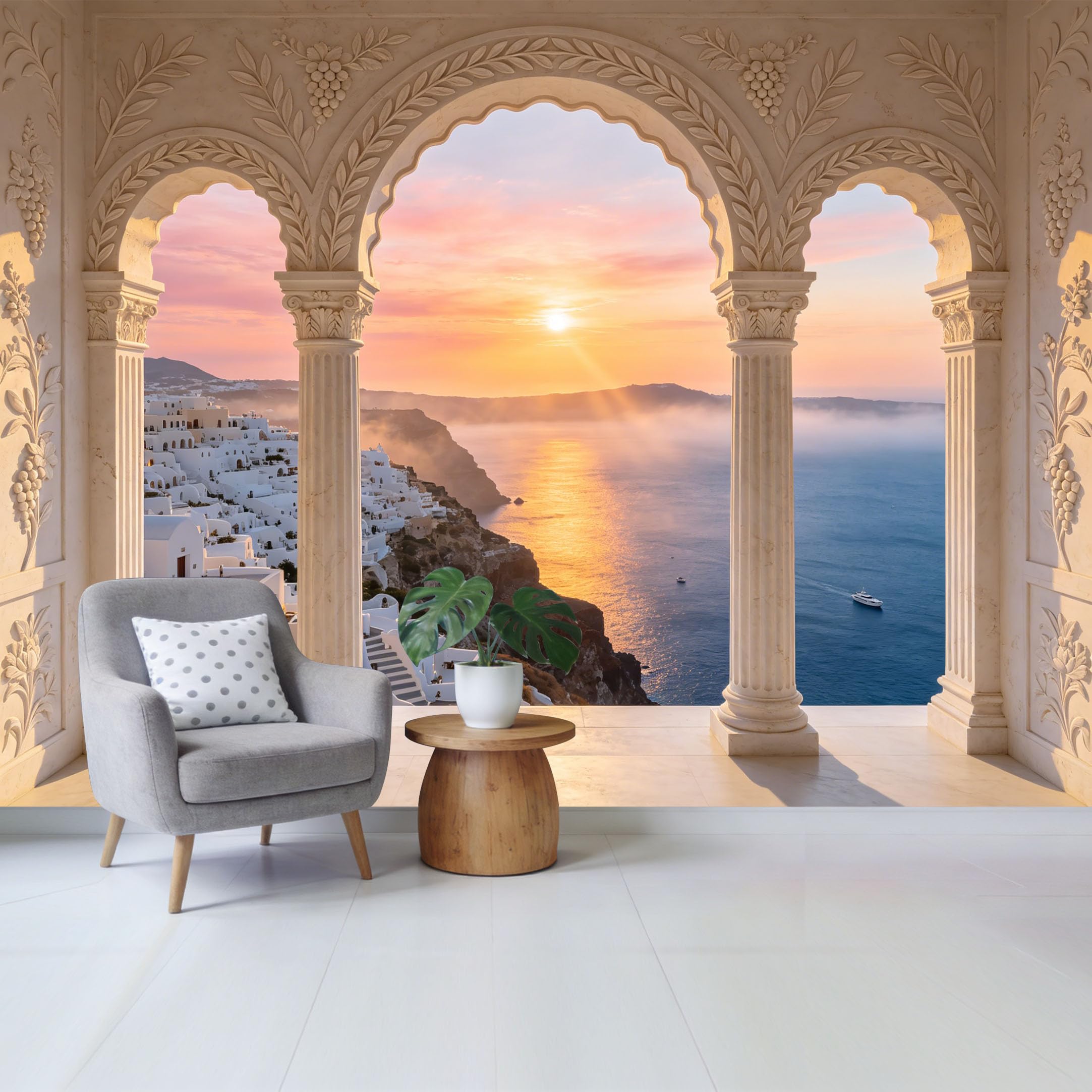Removable Self Adhesive Fabric Mural， Mediterranean Coastal Landscape Sunset Custom Size Wall Covering， UV Protected Waterproof Washable Wall Decor for Living Room Bedroom Bathroom