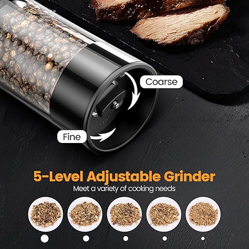 Miniatura 4 de Juego de molinillo eléctrico de sal y pimienta, molinillo de sal y pimienta recargable por gravedad con base de carga y luz LED, grosor ajustable,