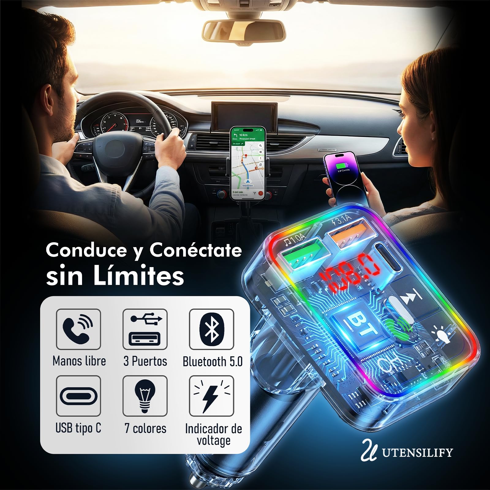 | UTENSILIFY® Transmisor FM Bluetooth Coche Premium | Bluetooth Coche + Cargador Ultra RÁPIDO | Manos Libres | Cargador Carga Rapida|Accesorios Auto | MP3 Reproductor | Bluetooth 5.3 - 2