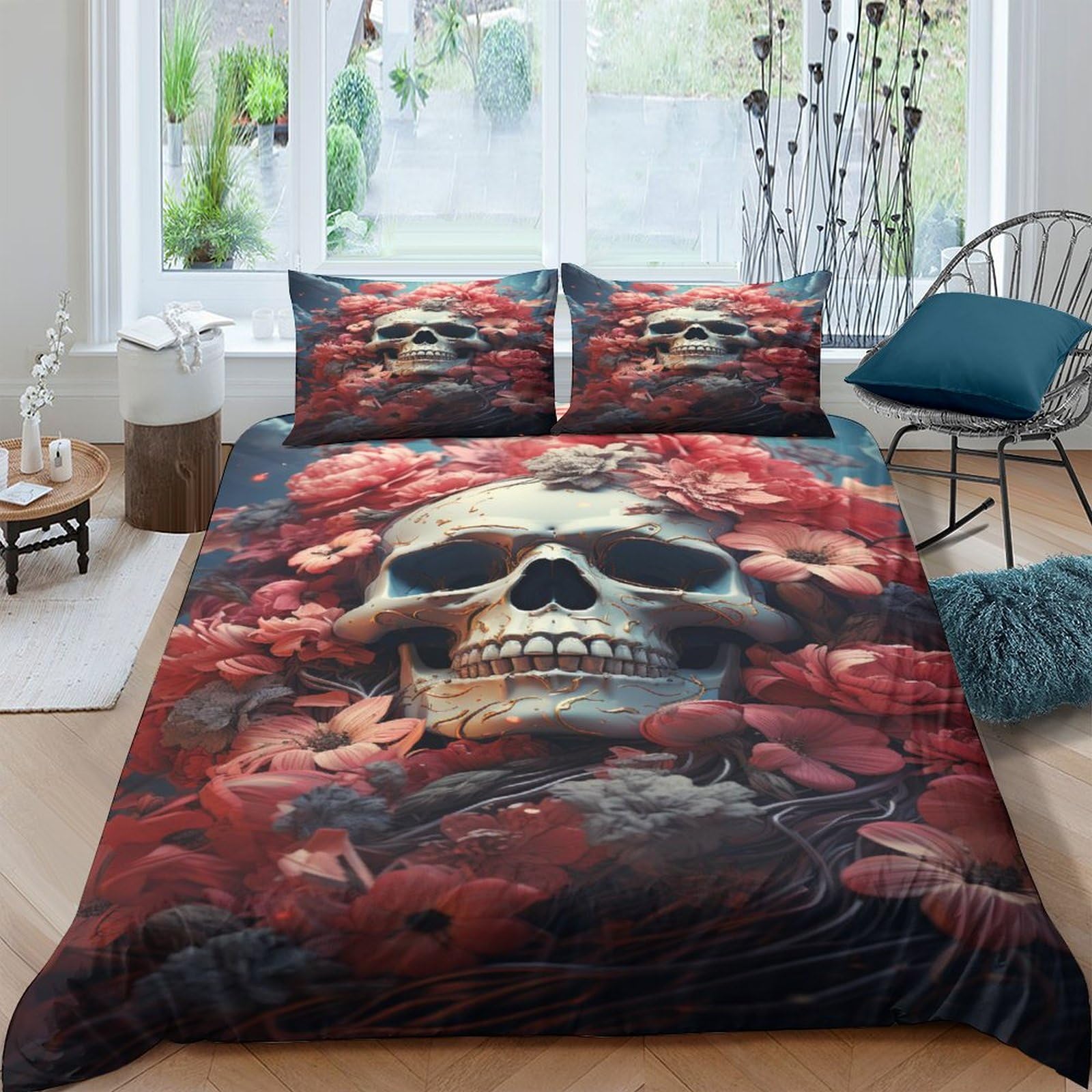 Ensemble de literie 200x200 housse de couette double enfants adultes motif squelettes dans les fleurs