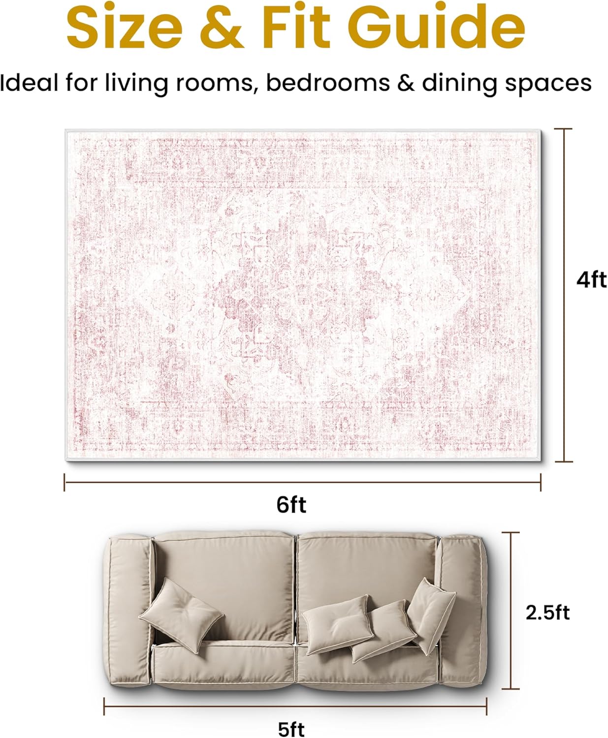 5x7 Area Rugs for Living Room, Washable Runner Rugs for Bedroom, Entryway Hallways Clearance Kitchen Indoor Boho Carpet, Beige Office Rug (Dusty Pink, 5' x 7' (Rectangular))