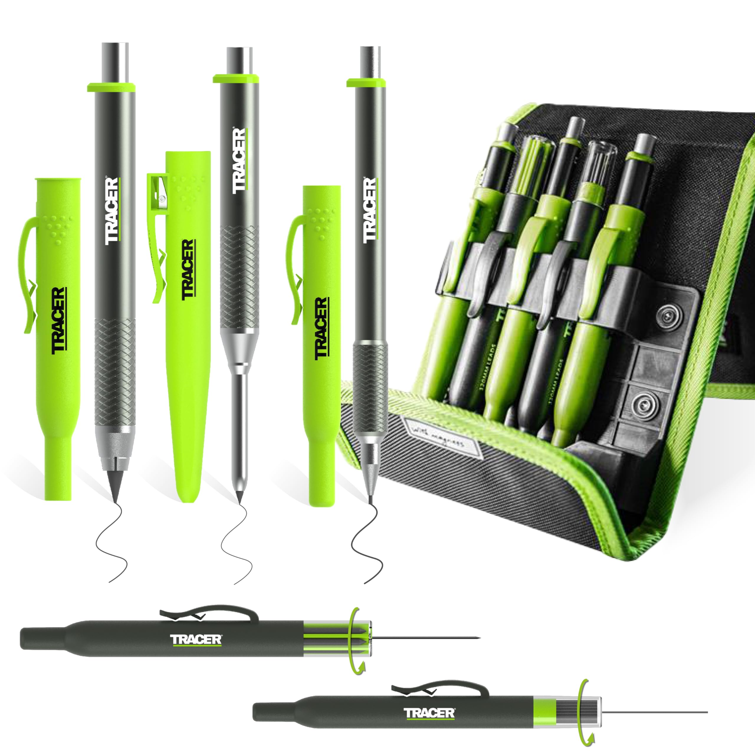 Tracer Pro Series - 5 Piece Construction Marker Kit with Storage Case - Deep Hole Carpenter's Pencil, Precision Pencil, Tough Pencil and Replacement Leads Dispensers