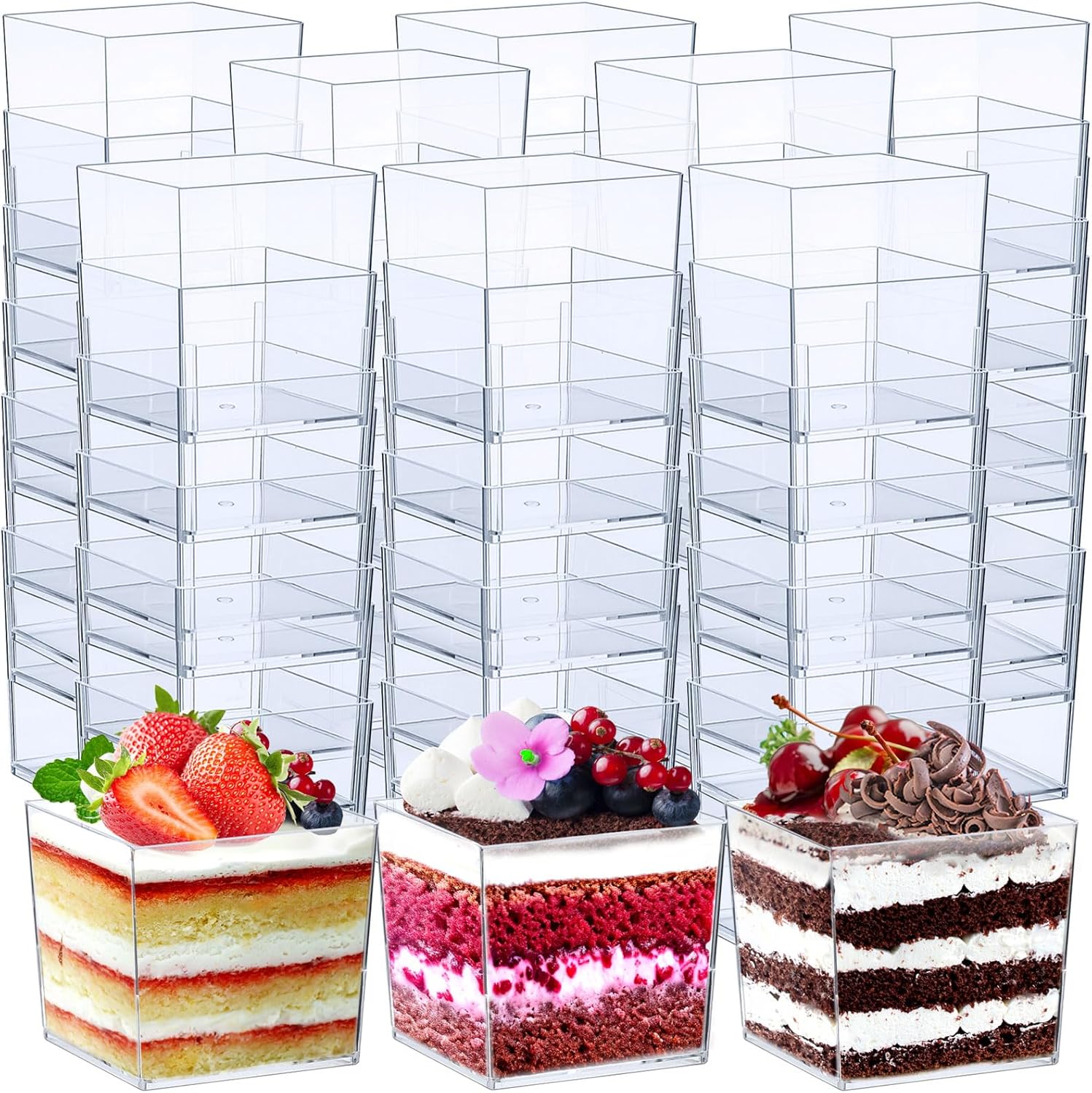 Zubebe 150 Pcs 8 OZ Square Plastic Cups Clear Dessert Cups Plastic Appetizer Tumbler for Parfait Puddings Mousse Fruit Ice Cream Party Wedding Valentine