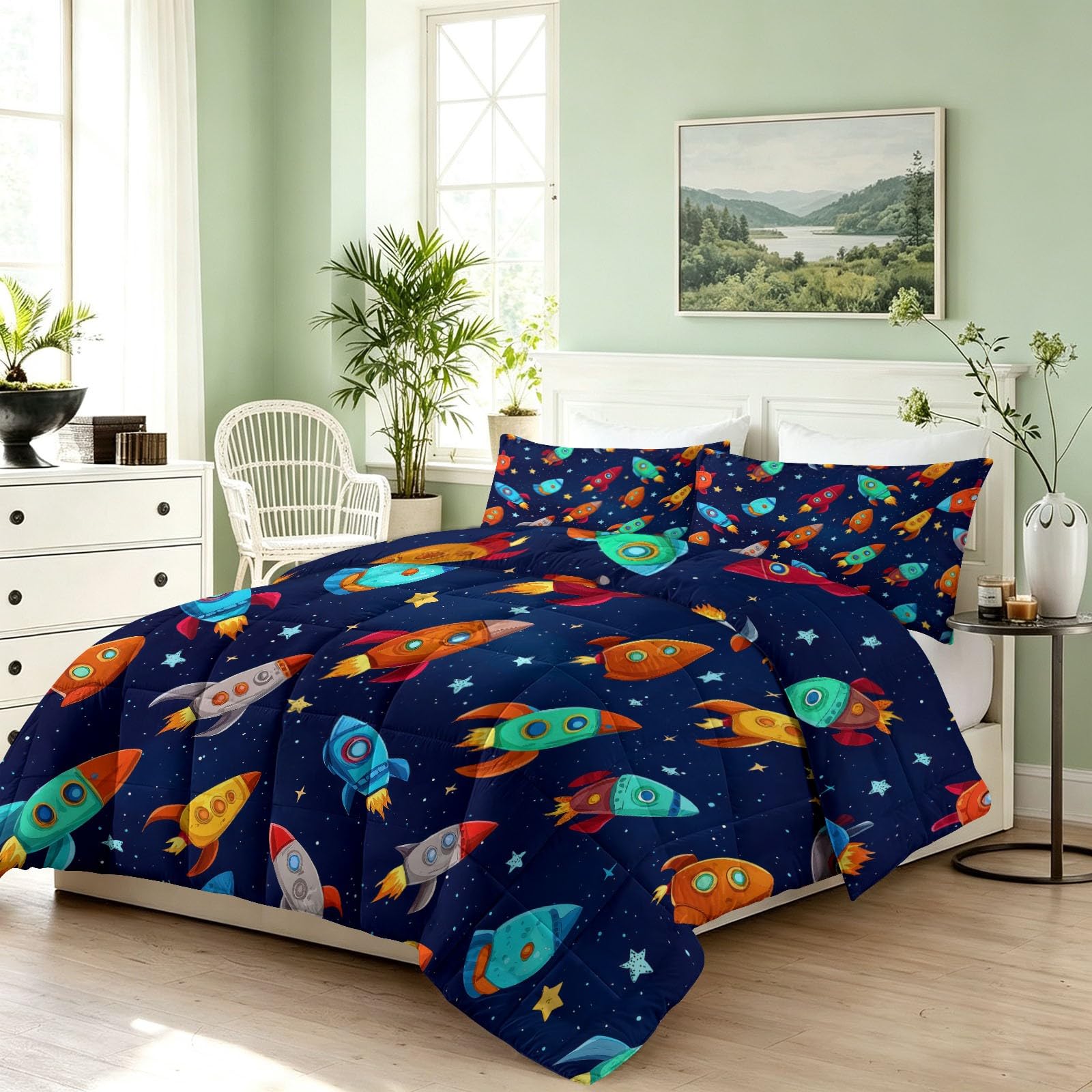 Edredón reversible suave sin funda de 135 x 200 cm, color azul, colorido, con dibujos animados, ligero y transpirable, diseño de nave espacial con estrellas, suave y ligero, lavable, para todo el año