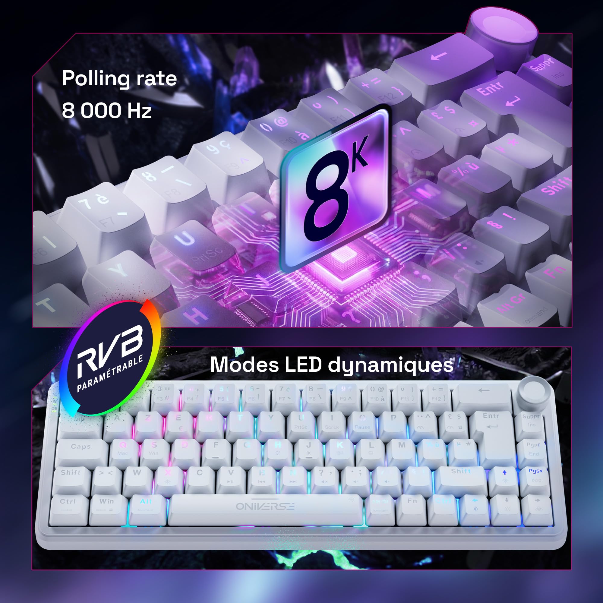 Oniverse Clavier Gamer magnétique Filaire 8000 Hz, Compact 65% Azerty - Maegnus - Rapid Trigger, Hall Effect, Anti-Ghosting, LED RVB, pour PC/Mac/PS5 - Luxion White - 5