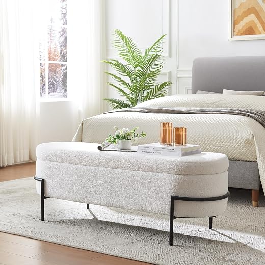 Sherpa Storage Bench, 52 Inch Bedroom Bench with Metal Stand and Hinges, Oval Storage Ottoman Bench, Bed Bench with Storag...