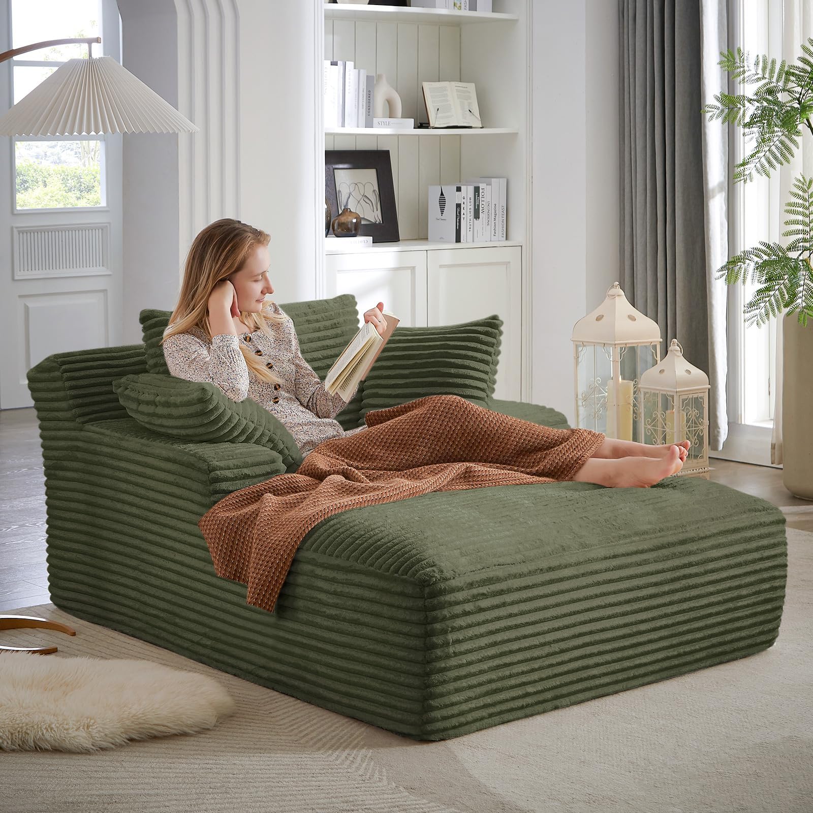 Oversized Chaise Lounge Chair Indoor, 50"W Upholstered Corduroy Couch with 3 Pillows, Comfy Fluffy Cloud Couch, Modern Deep Seat Sofa, Single Sleeper Sofa Chair for Livingroom, No Assembly(Army Green)