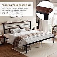 Vista 3 de SHA CERLIN Base de cama tamaño King con estante de cabecera y base de metal resistente, no necesita somier, color marrón